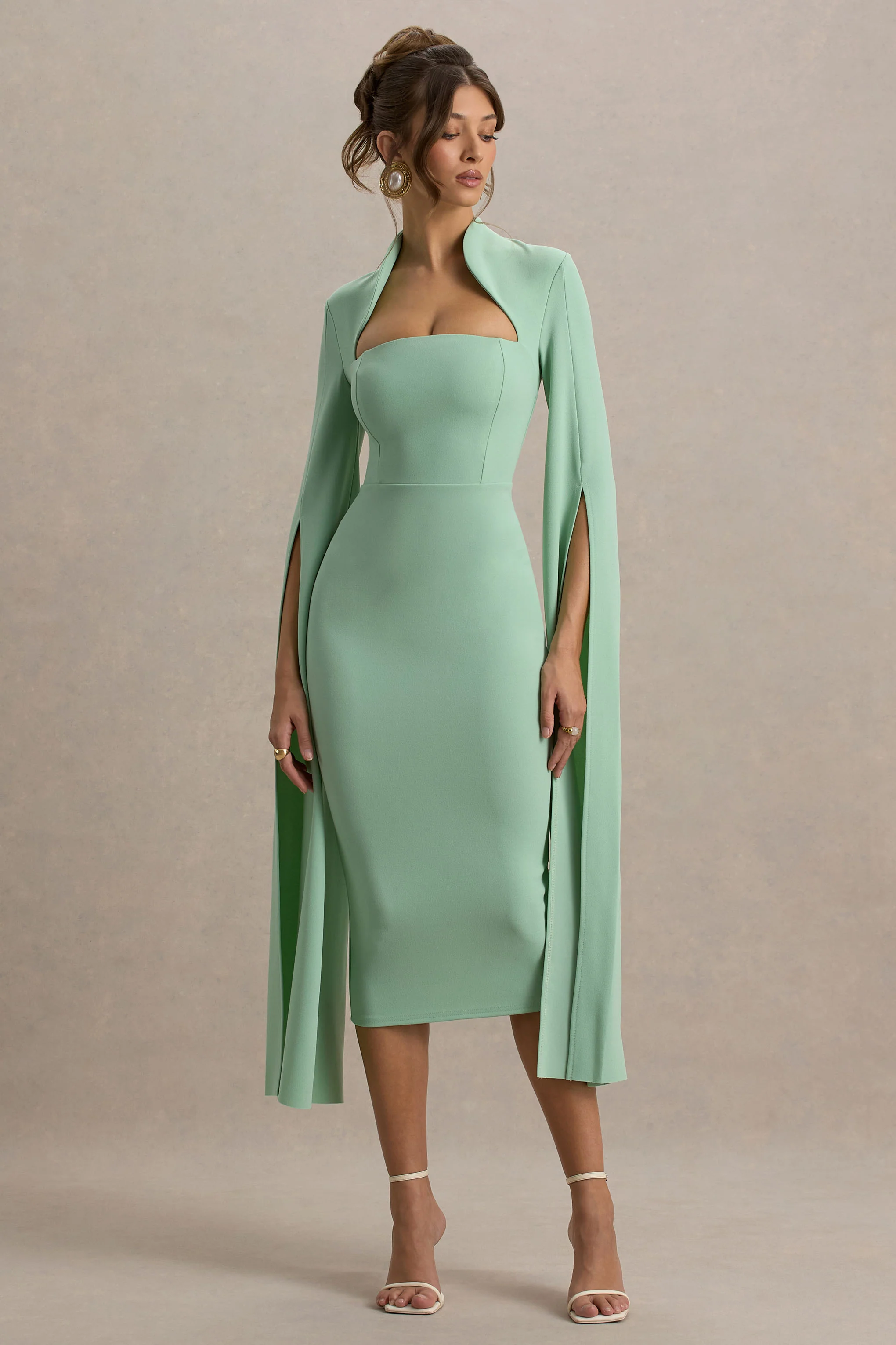 Linden | Light Green Bodycon Cape-Sleeve Midi Dress - Image 5