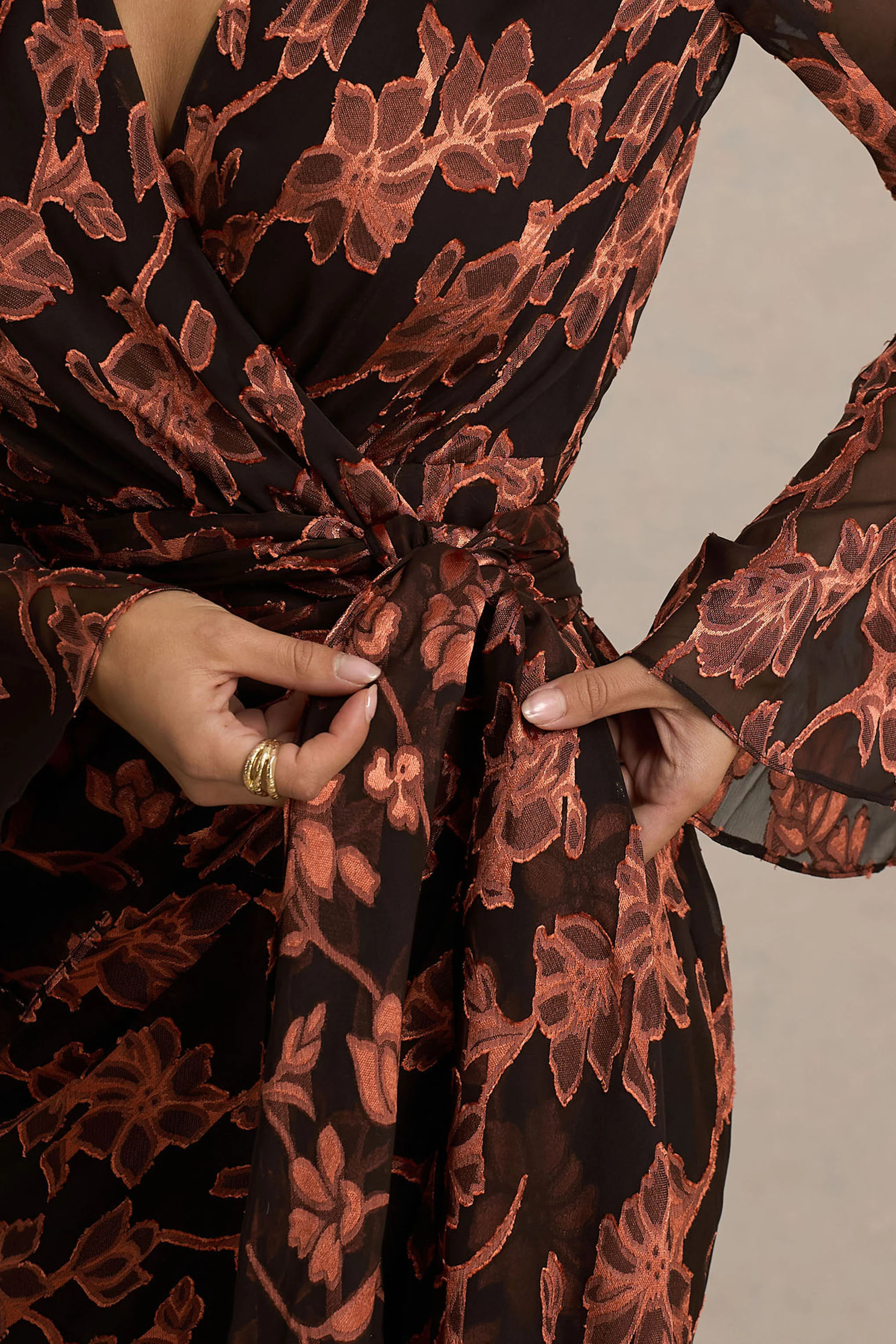 Lindsey | Black And Rust Plunge-Neck Wrap Mini Dress With Bell Sleeves And Sash Detail - Image 6