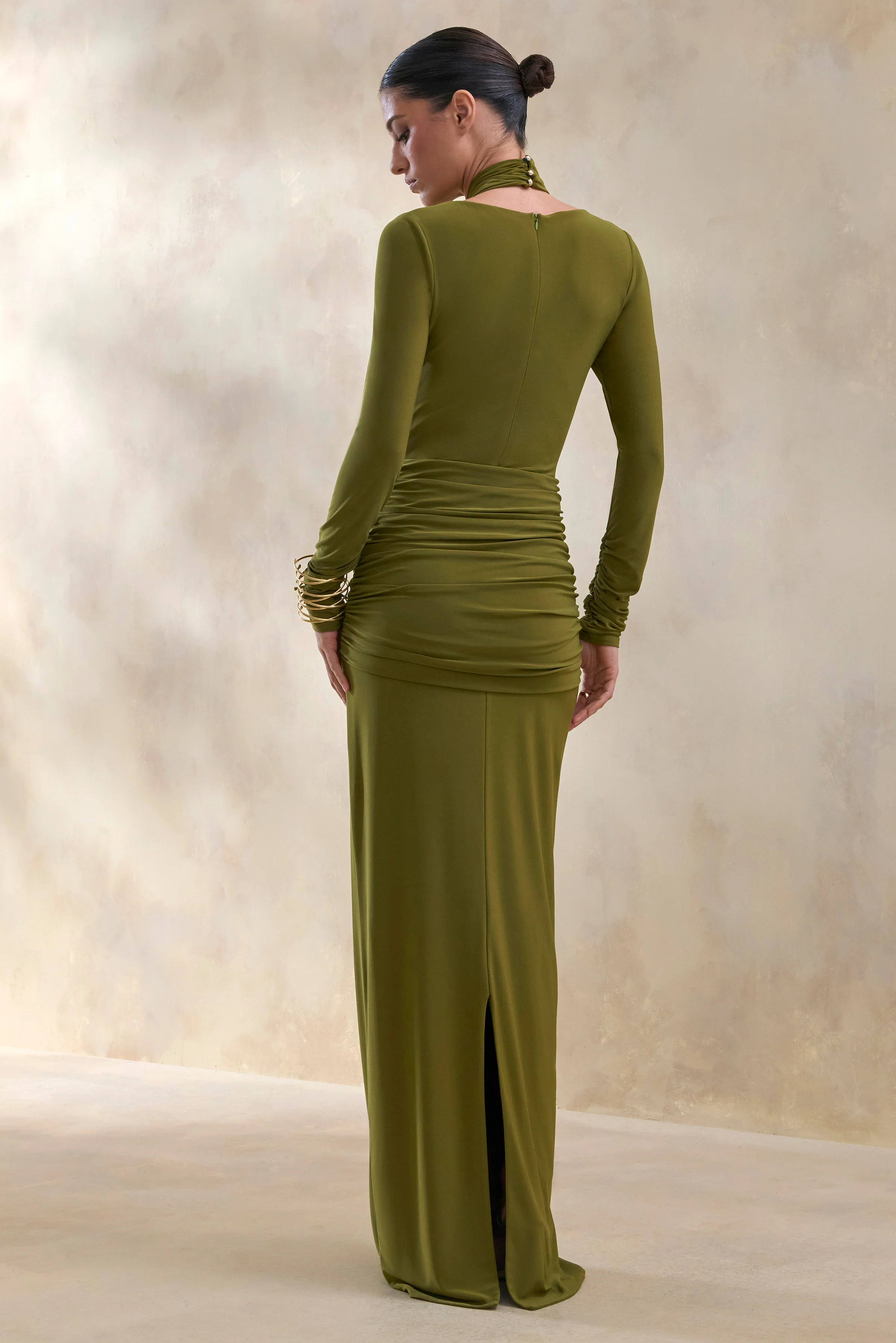 Linessa | Olive High-Neck Maxi Dress With Sash And Gathered-Detailing - Image 2