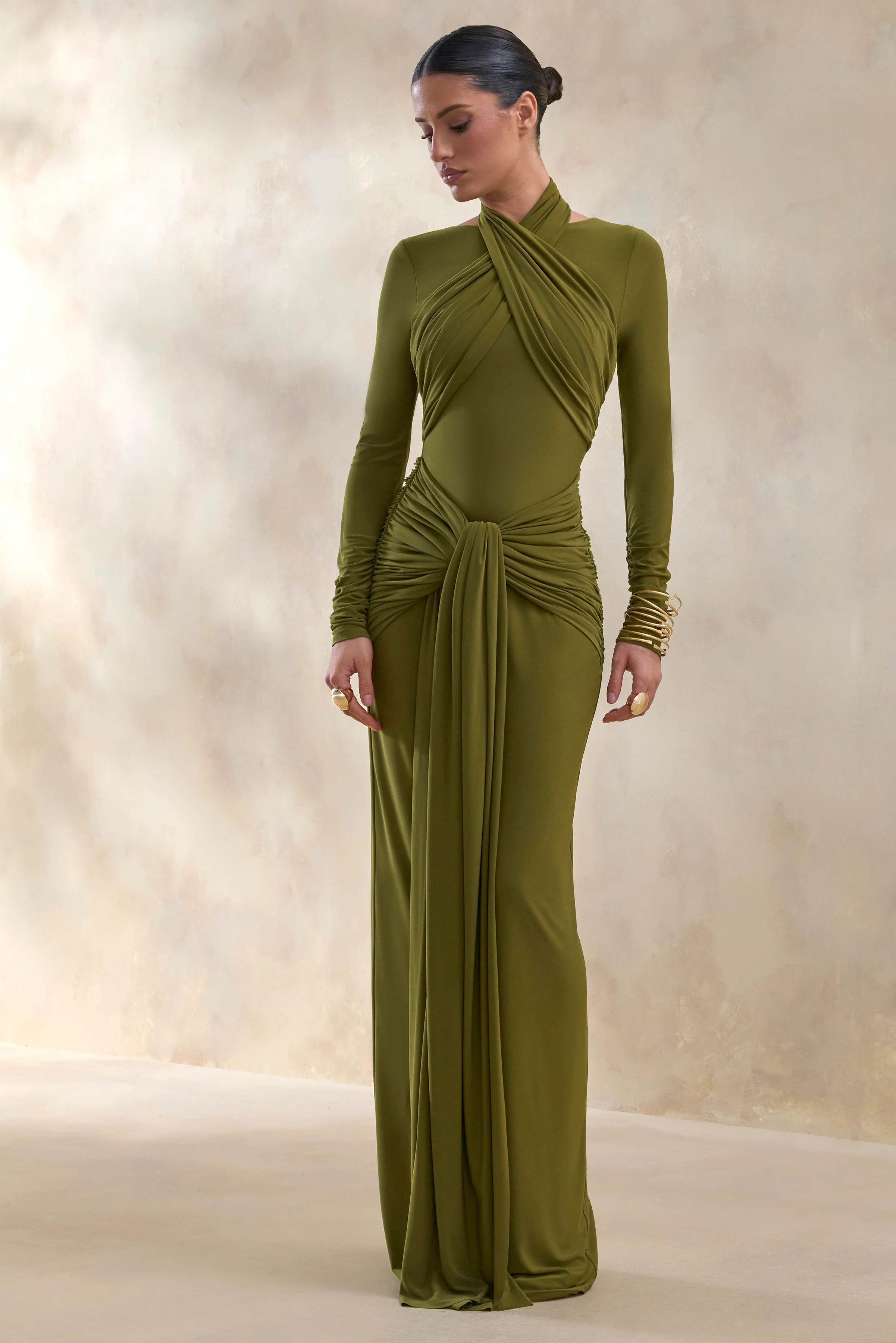Linessa | Olive High-Neck Maxi Dress With Sash And Gathered-Detailing - Image 3