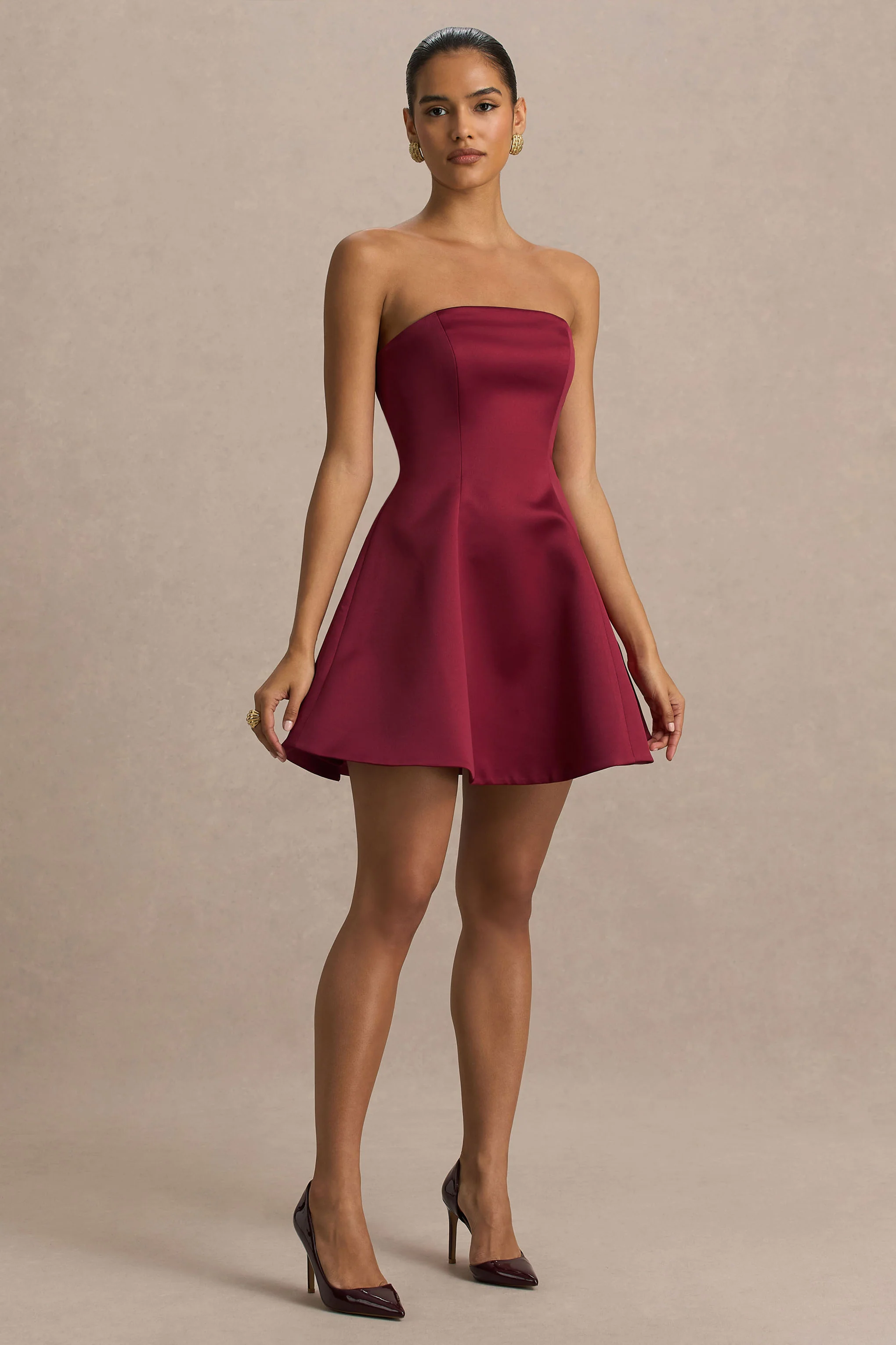 Lioray | Burgundy Satin Bandeau-Neck A-Line Mini Dress - Image 4