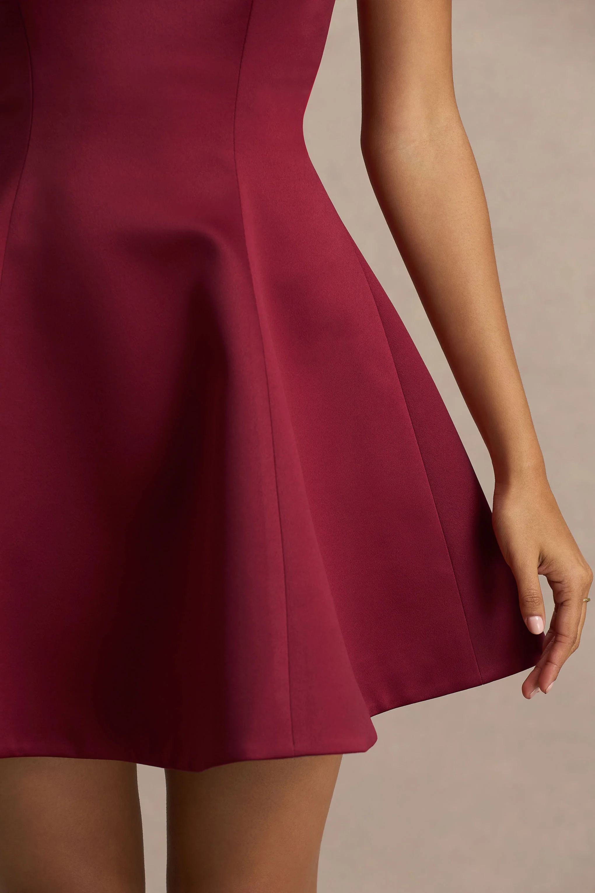 Lioray | Burgundy Satin Bandeau-Neck A-Line Mini Dress - Image 6