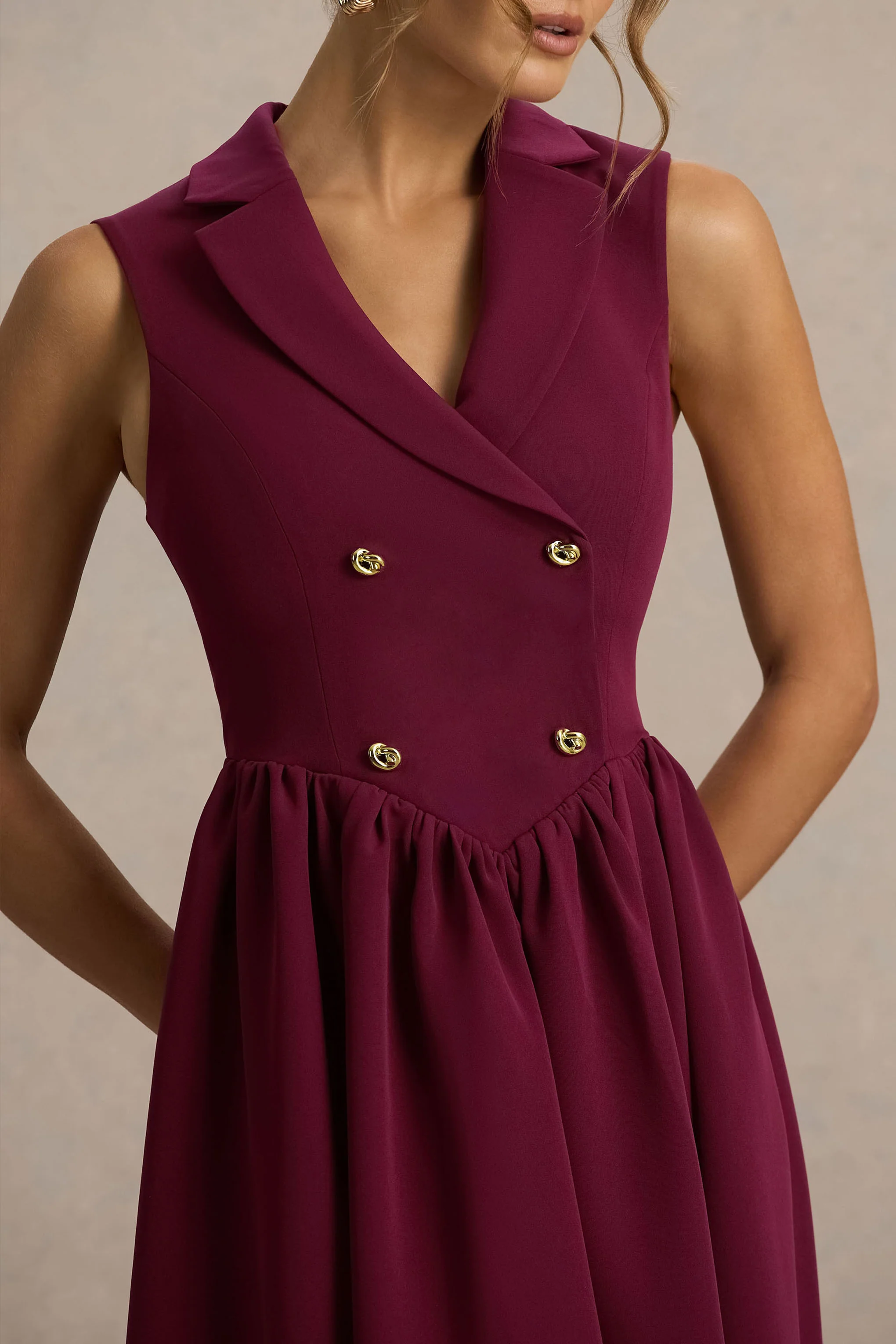 Lisa | Burgundy Plunge-Neck Tailored Midi Dress With Button-Detailing - Image 3