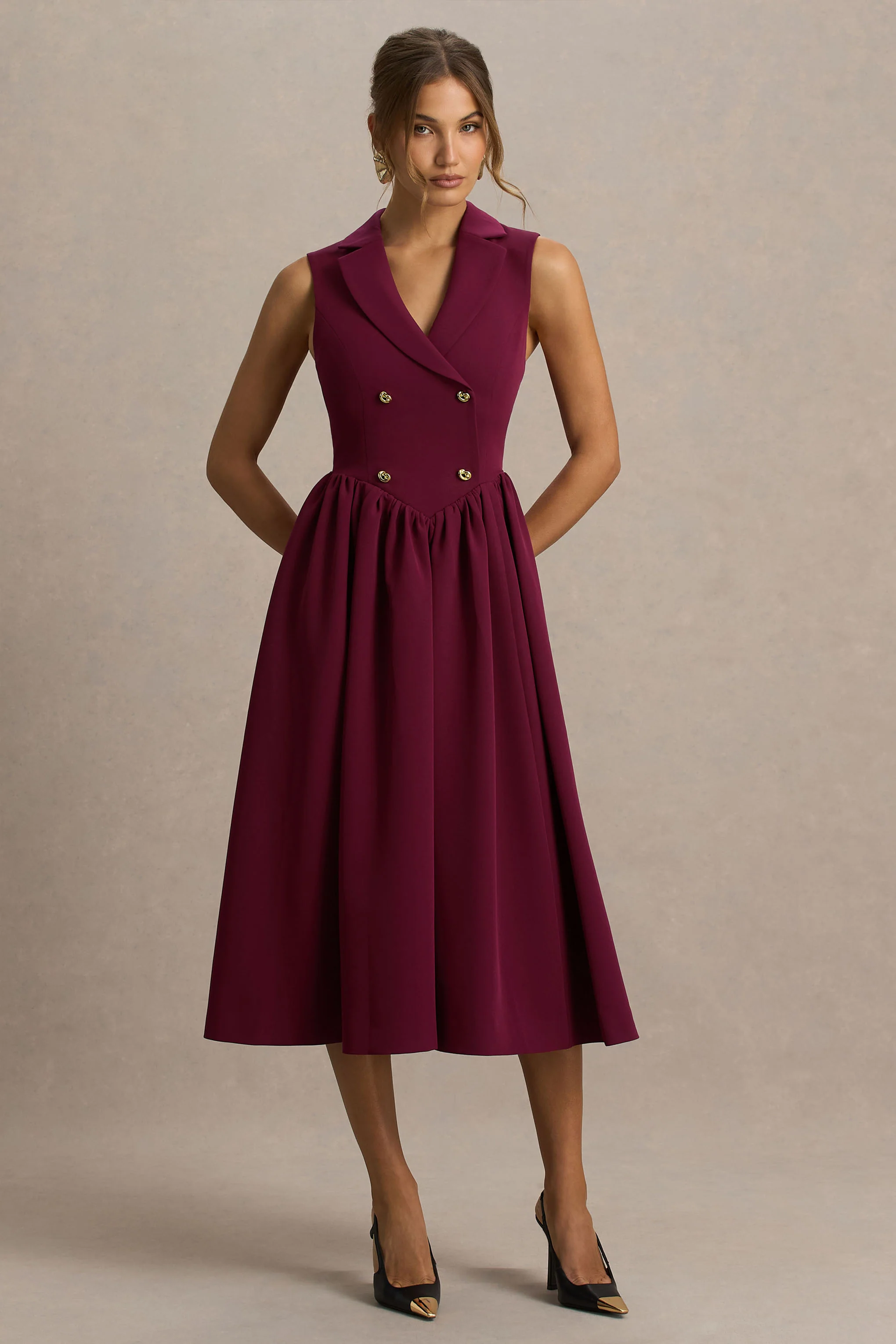 Lisa | Burgundy Plunge-Neck Tailored Midi Dress With Button-Detailing - Image 5