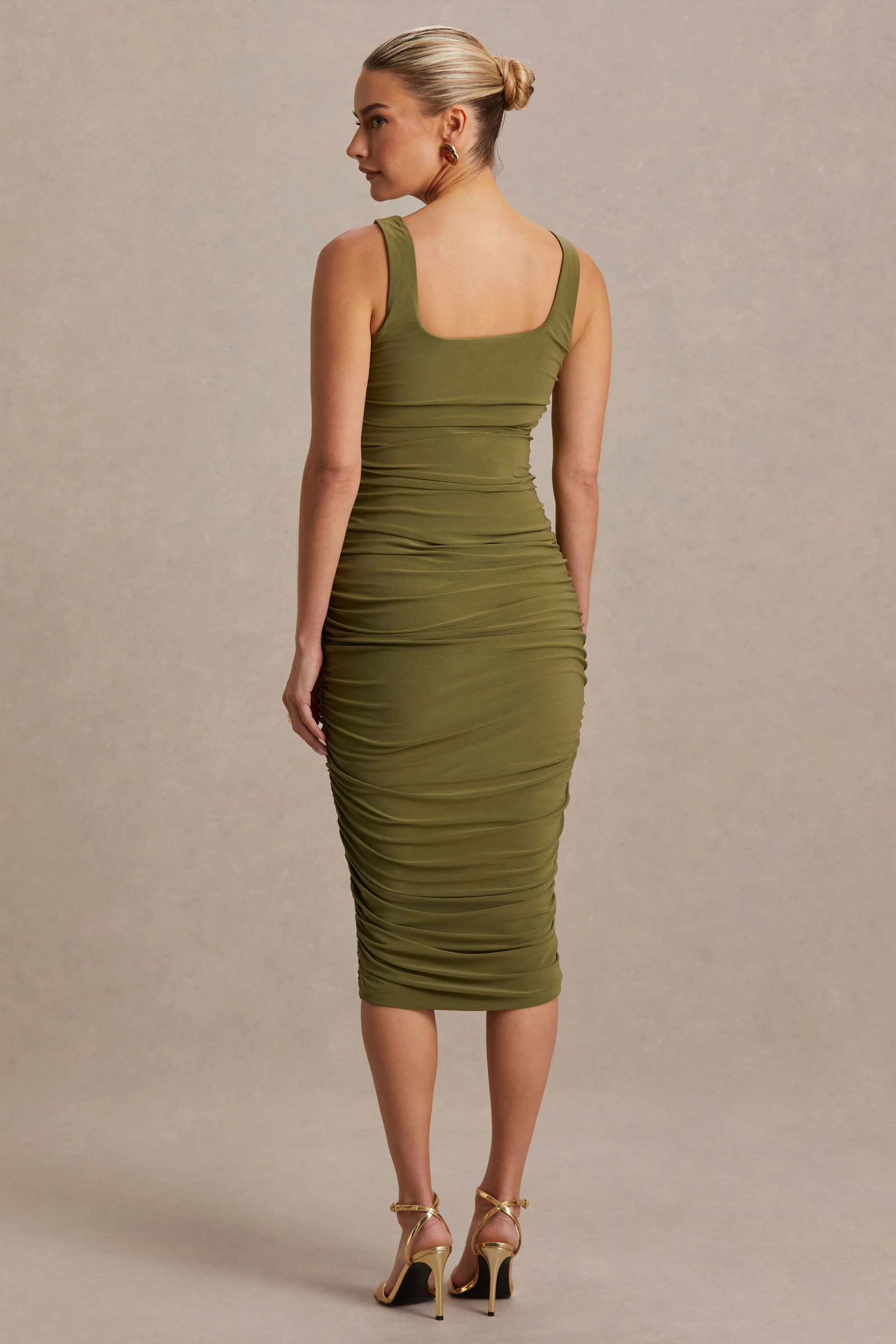 Lisbon | Olive Maternity Square Neck Ruched Midi Dress - Image 2