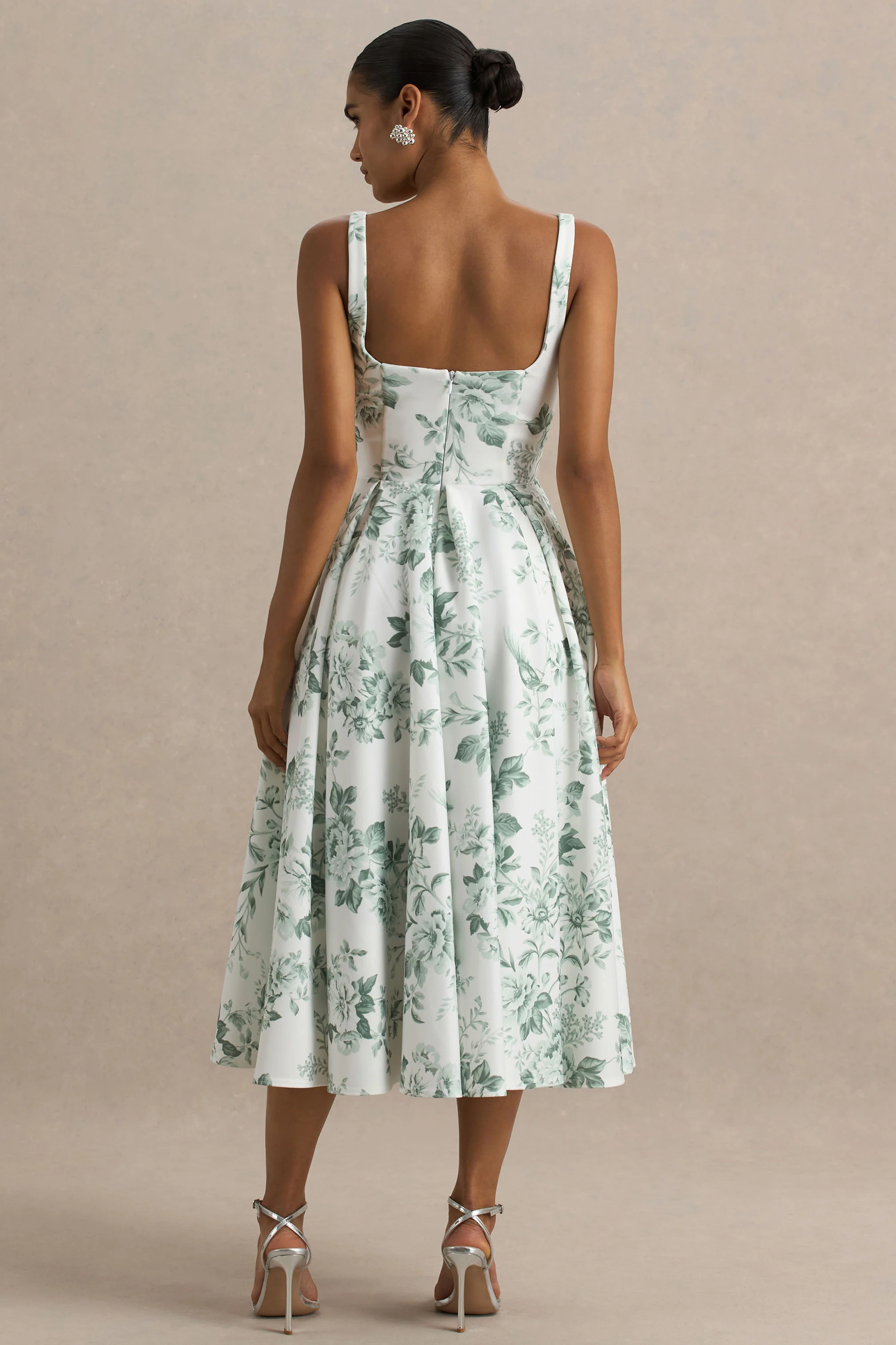 Lissa | Green Porcelain Print Square-Neck Midi Dress - Image 2