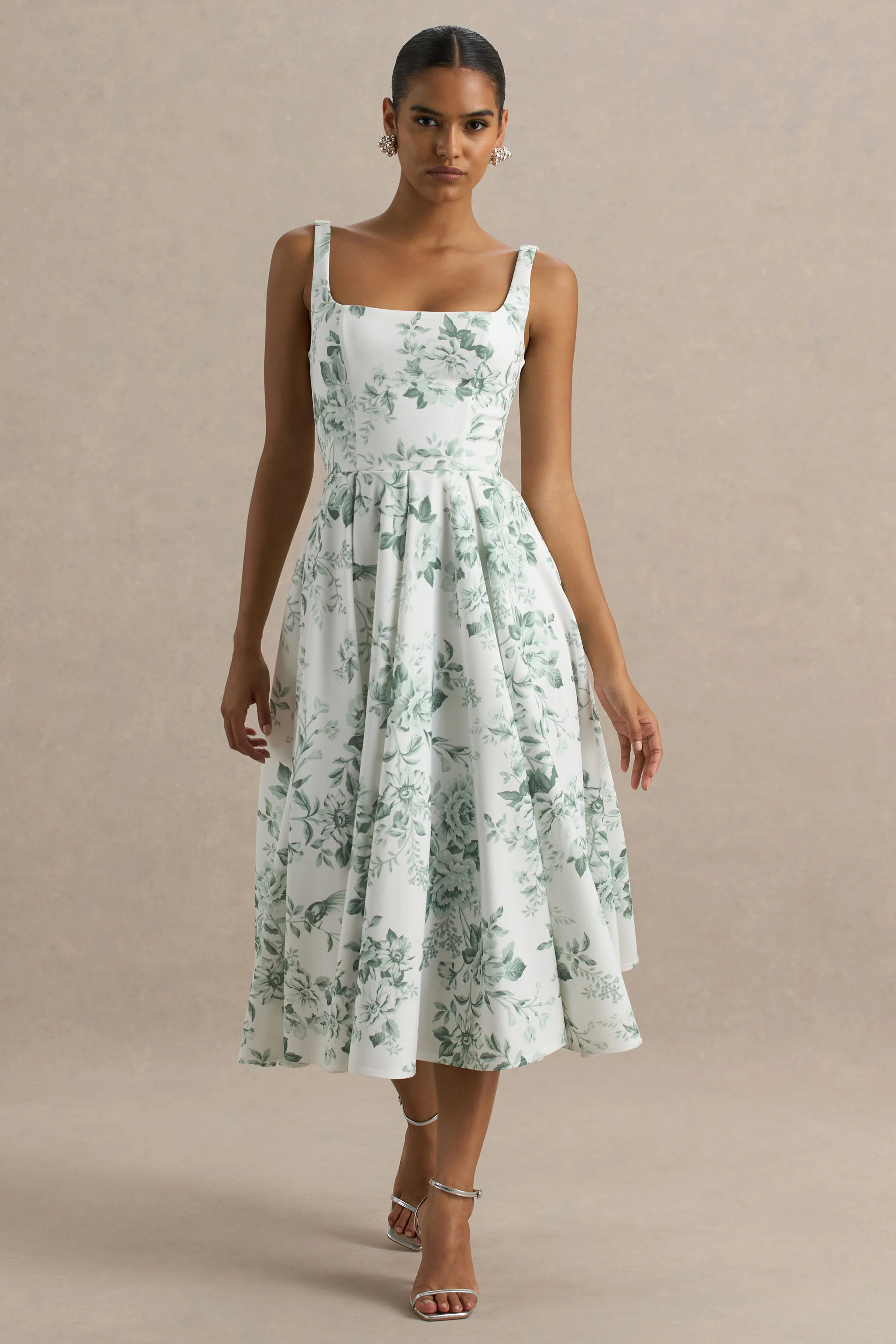 Lissa | Green Porcelain Print Square-Neck Midi Dress - Image 3