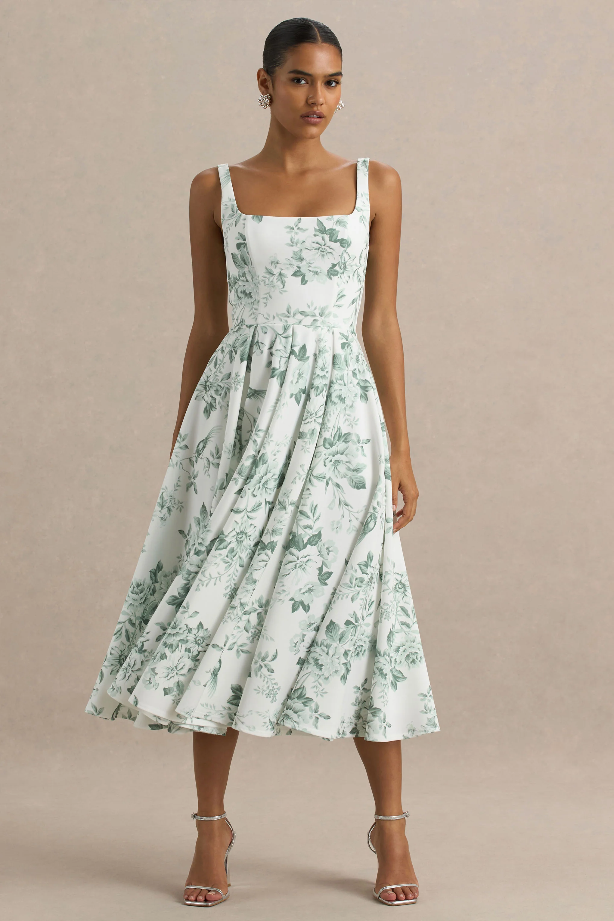 Lissa | Green Porcelain Print Square-Neck Midi Dress - Image 4