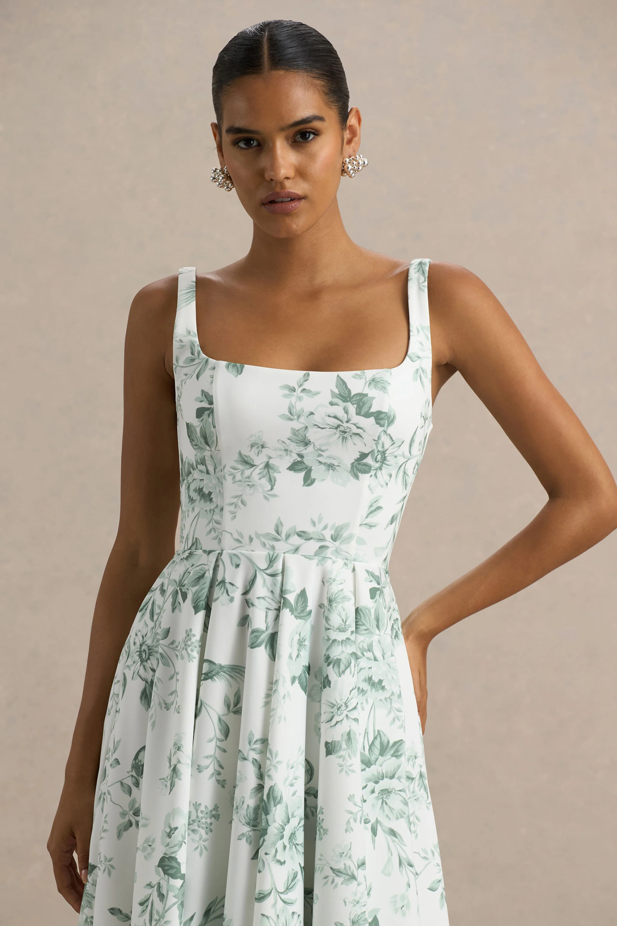 Lissa | Green Porcelain Print Square-Neck Midi Dress - Image 5