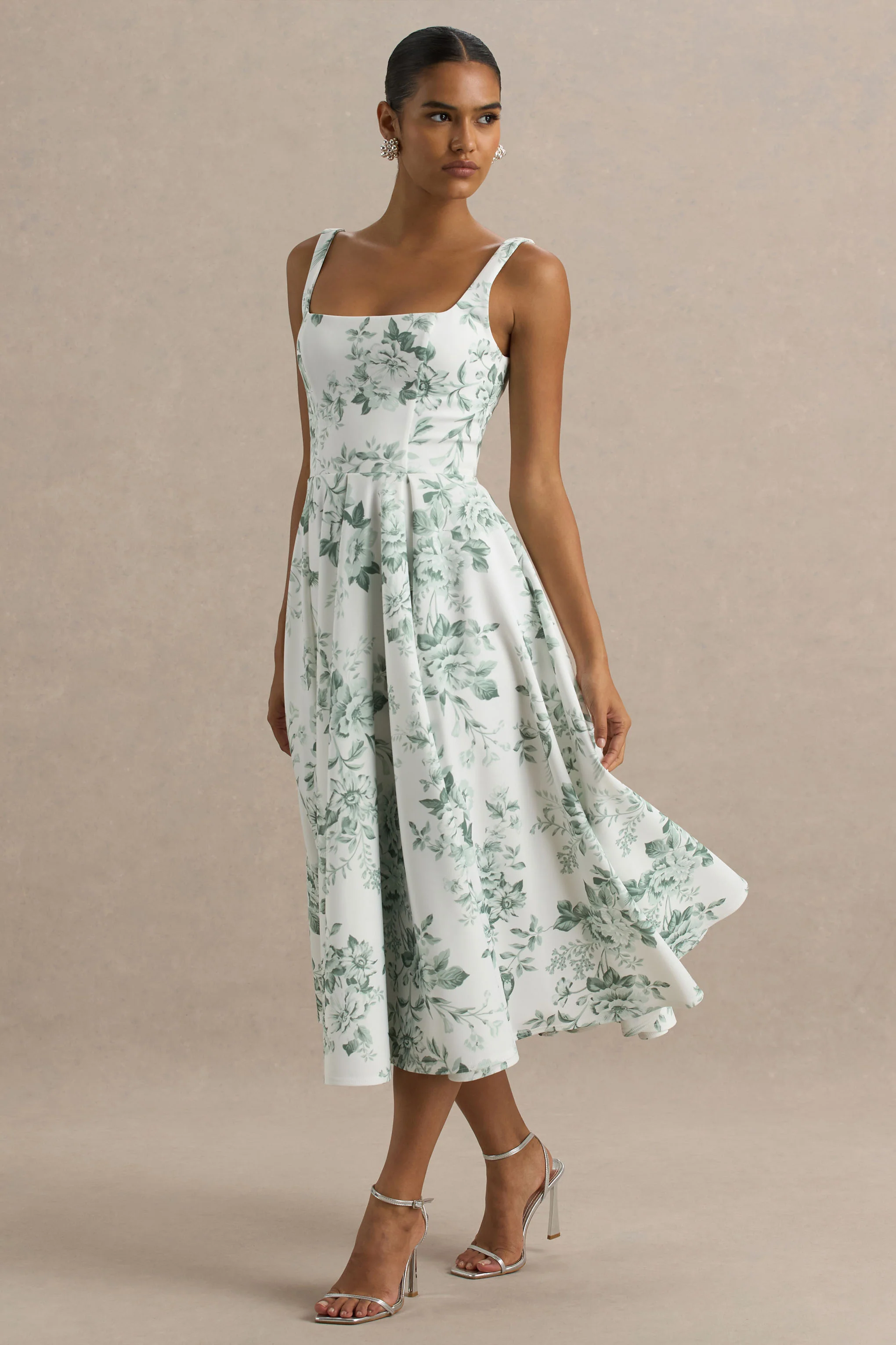 Lissa | Green Porcelain Print Square-Neck Midi Dress - Image 6