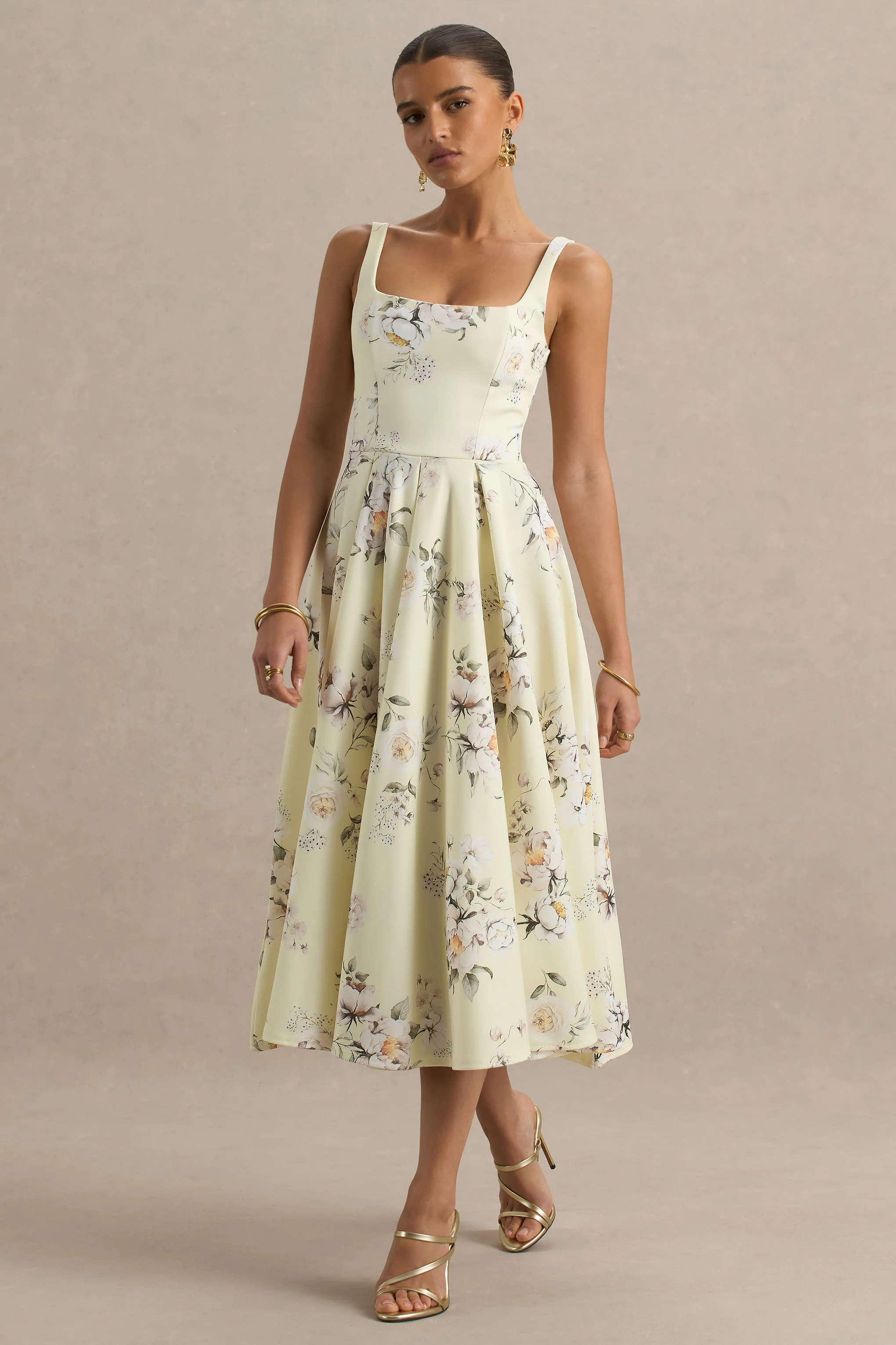 Lissa | Lemon Floral Bouquet Print Square-Neck Midi Dress - Image 3