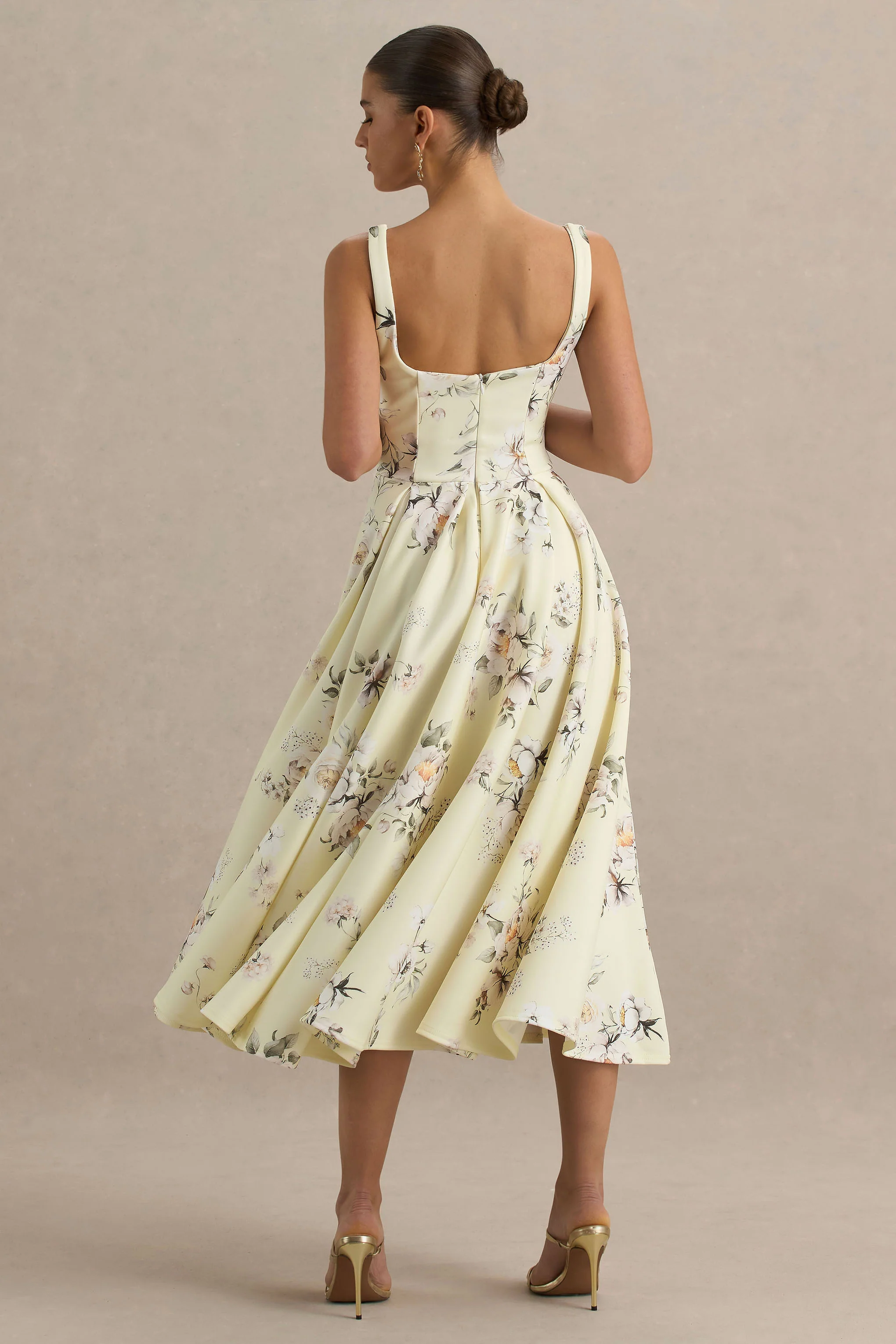 Lissa | Lemon Floral Bouquet Print Square-Neck Midi Dress - Image 4