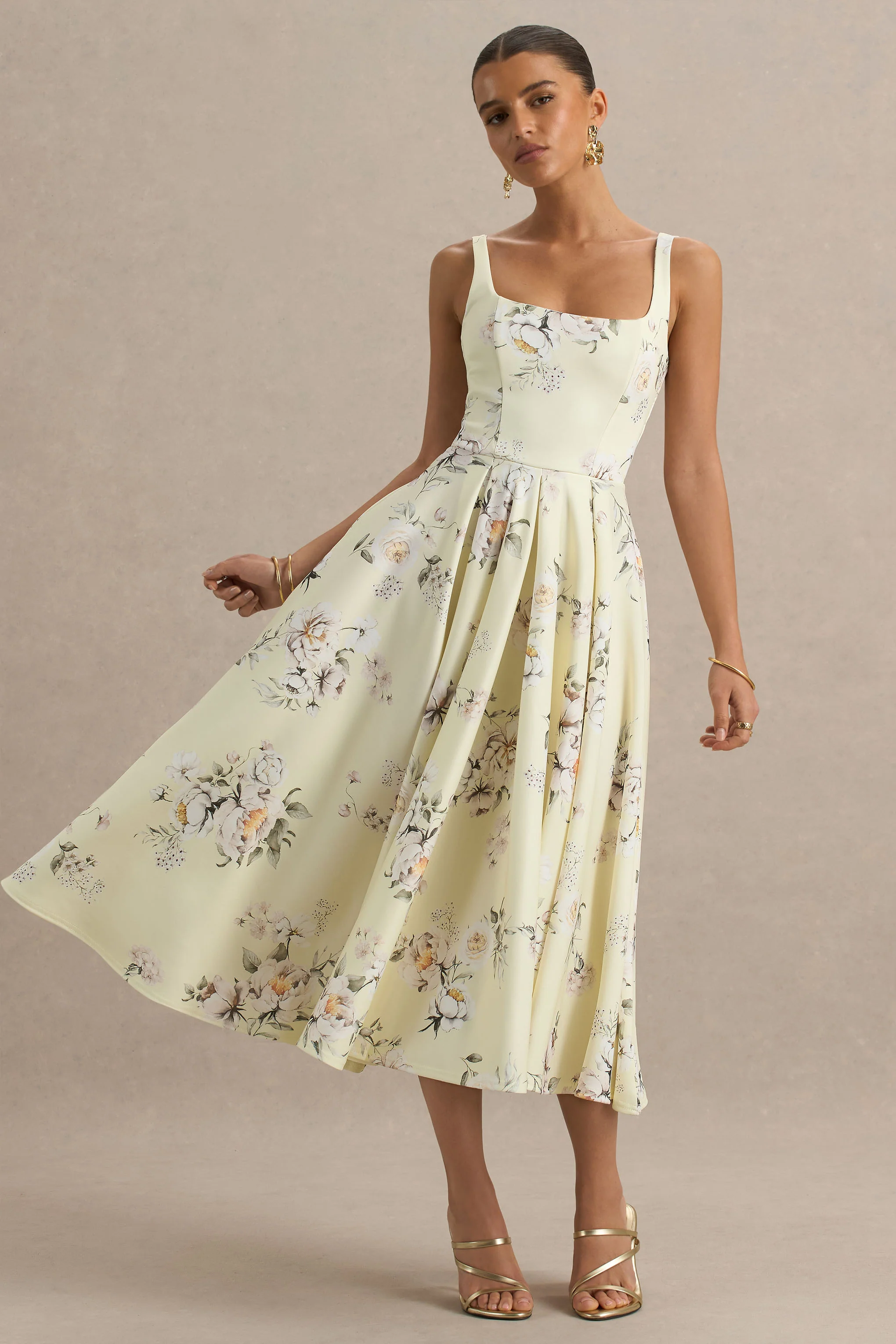 Lissa | Lemon Floral Bouquet Print Square-Neck Midi Dress - Image 5