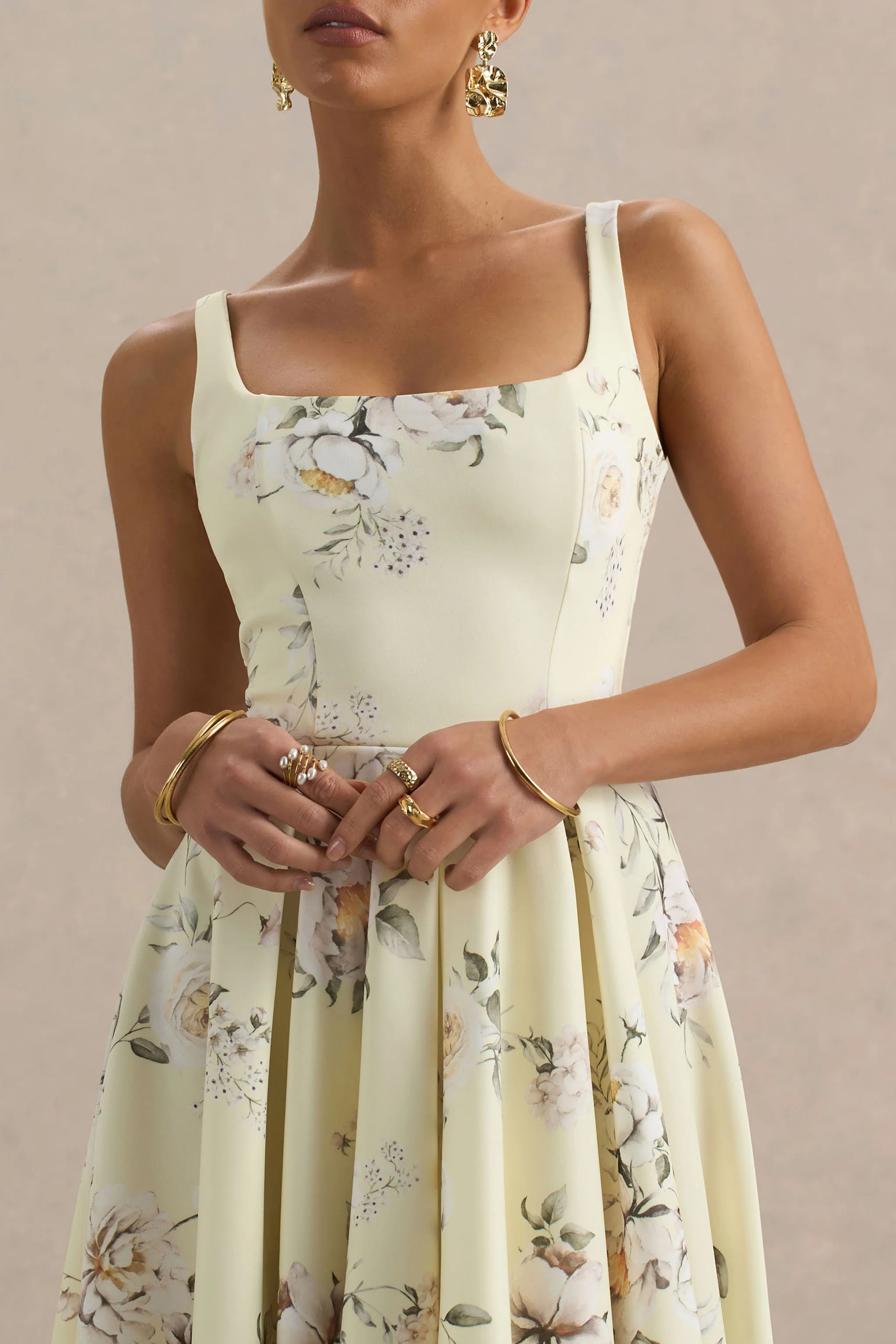 Lissa | Lemon Floral Bouquet Print Square-Neck Midi Dress - Image 6