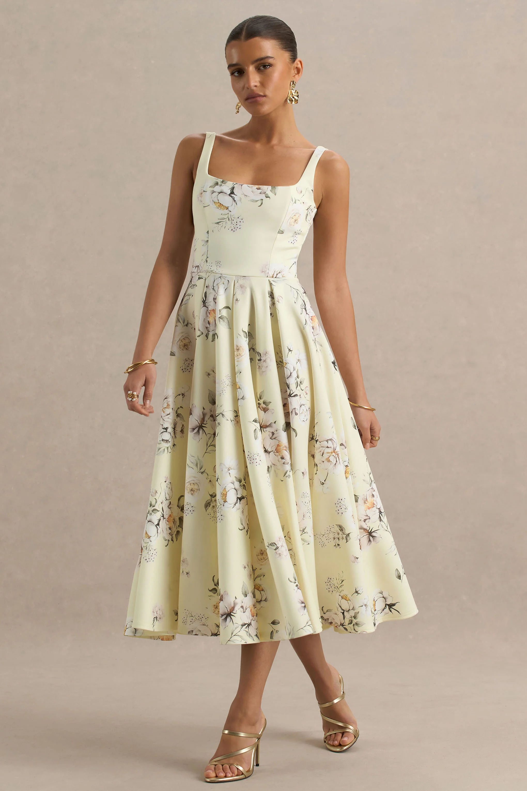 Lissa | Lemon Floral Bouquet Print Square-Neck Midi Dress - Image 7