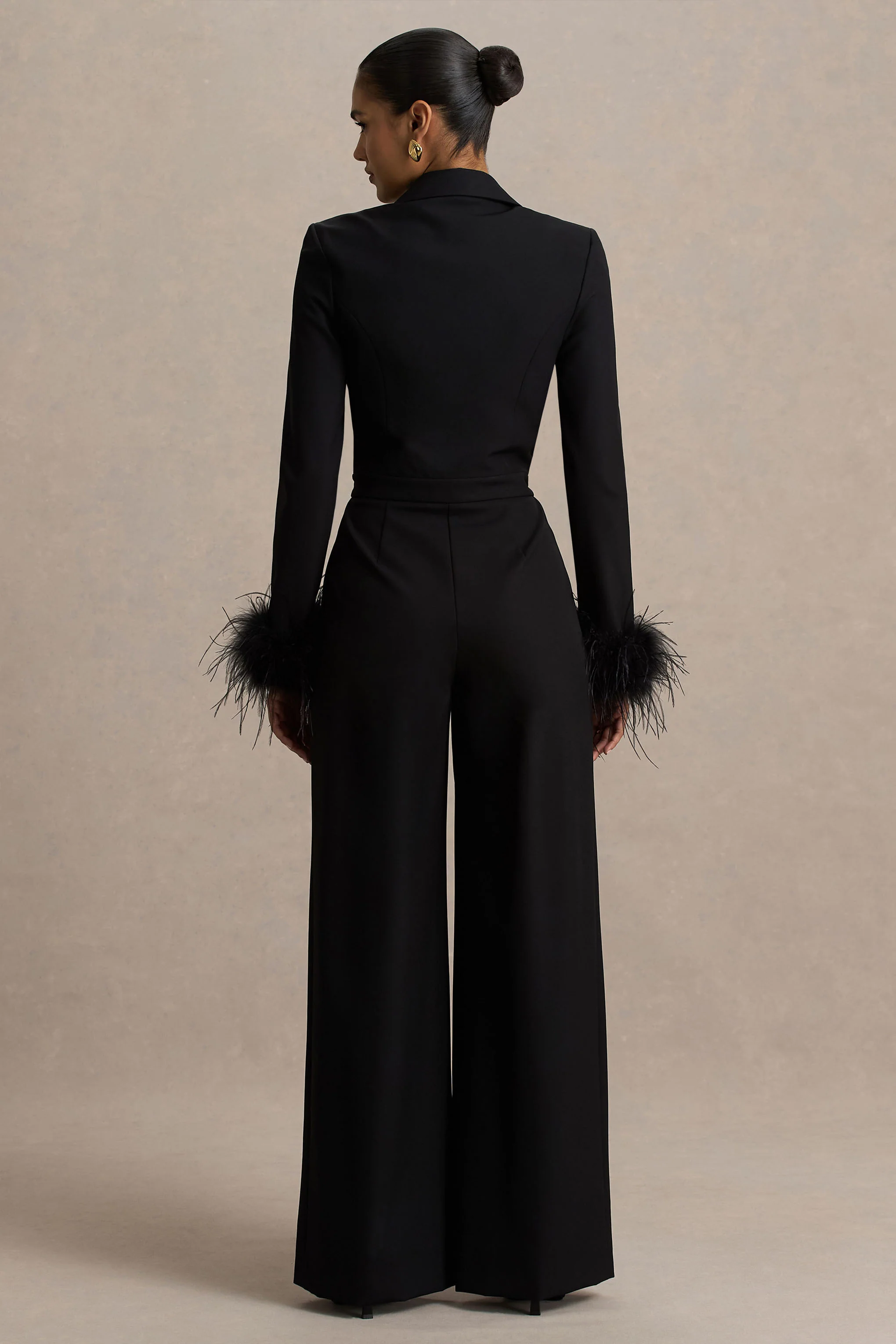 Lissy | Black Plunge-Neck Jumpsuit With Feather-Detailed Sleeves - Image 2