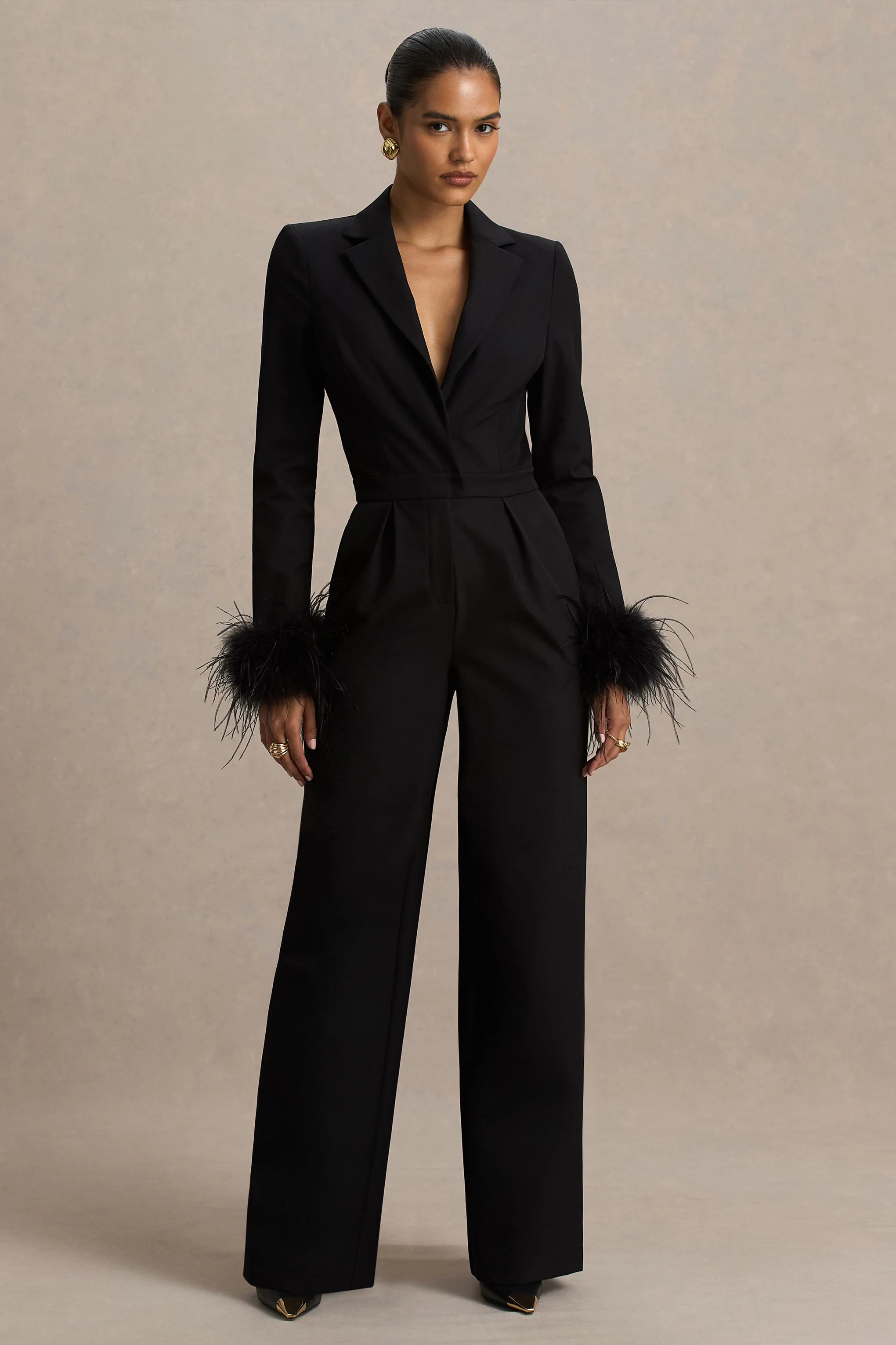 Lissy | Black Plunge-Neck Jumpsuit With Feather-Detailed Sleeves - Image 5