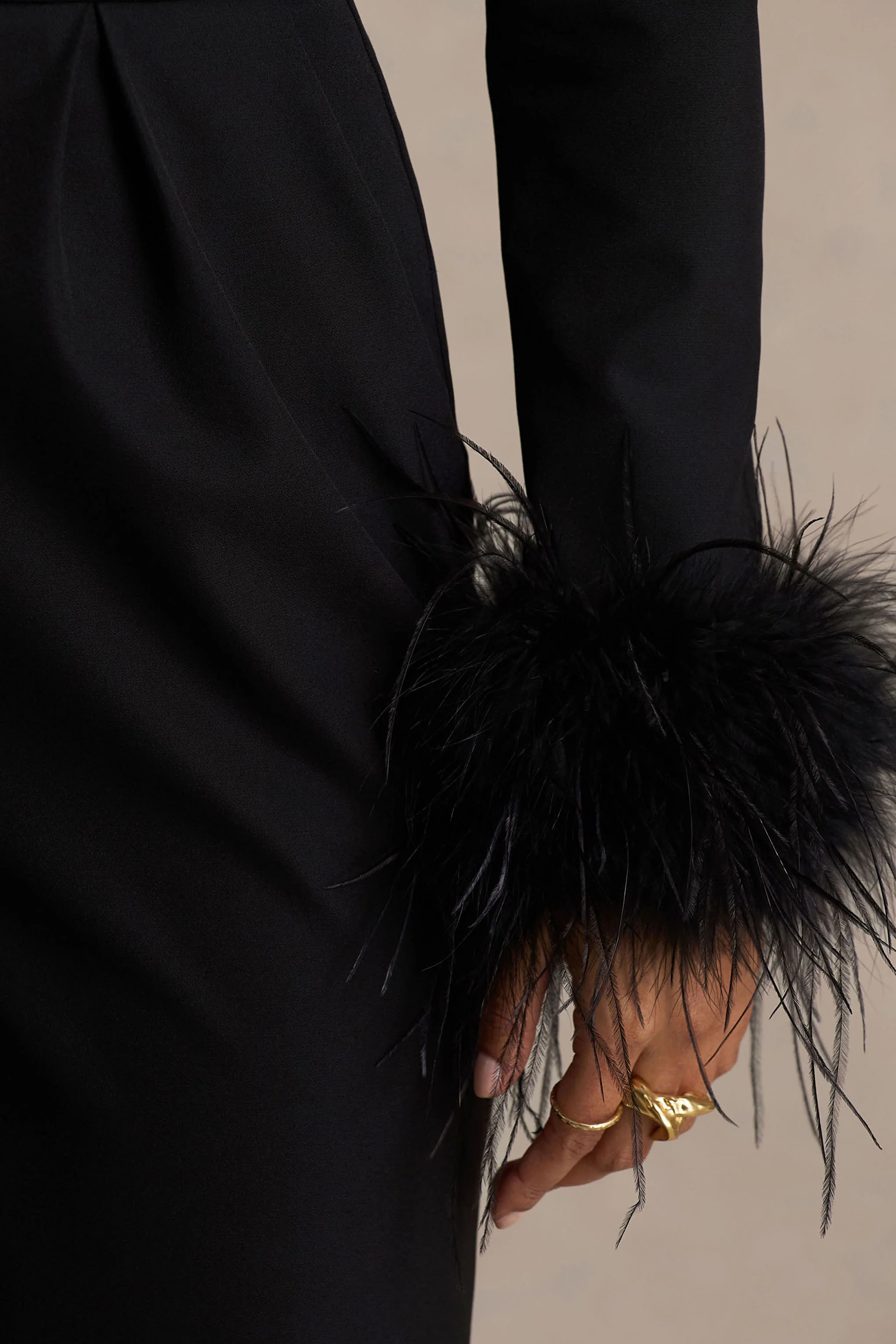 Lissy | Black Plunge-Neck Jumpsuit With Feather-Detailed Sleeves - Image 6
