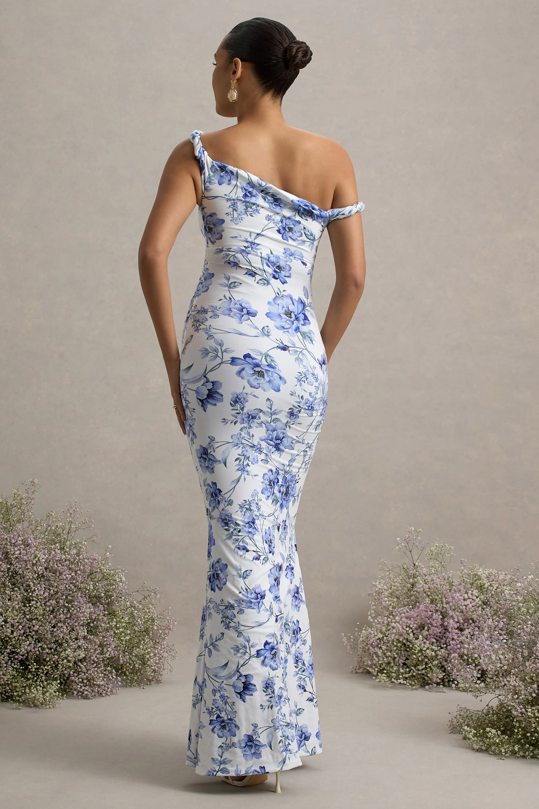Lita | Blue Floral Print Twisted Asymmetric Maternity Maxi Dress - Image 2