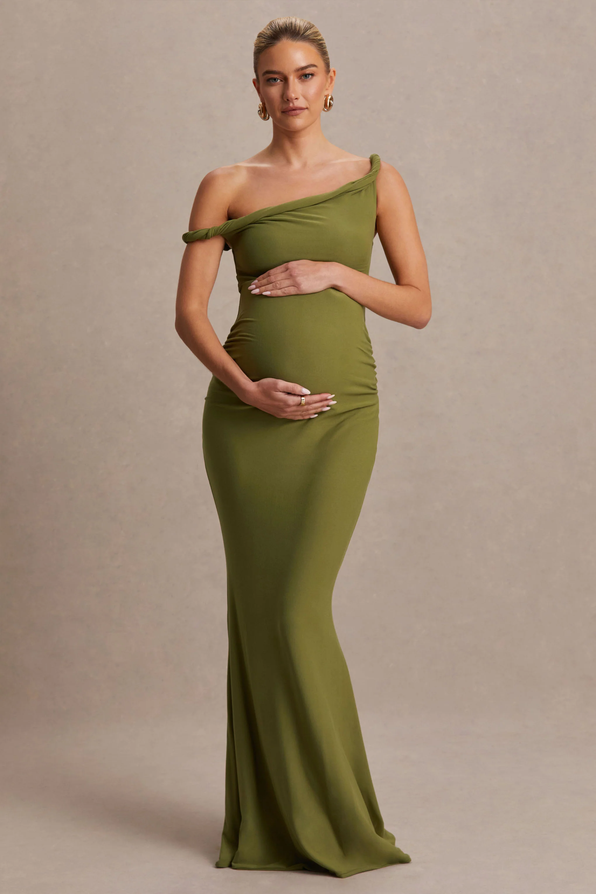 Lita | Olive Twisted Asymmetric Maternity Maxi Dress - Image 4