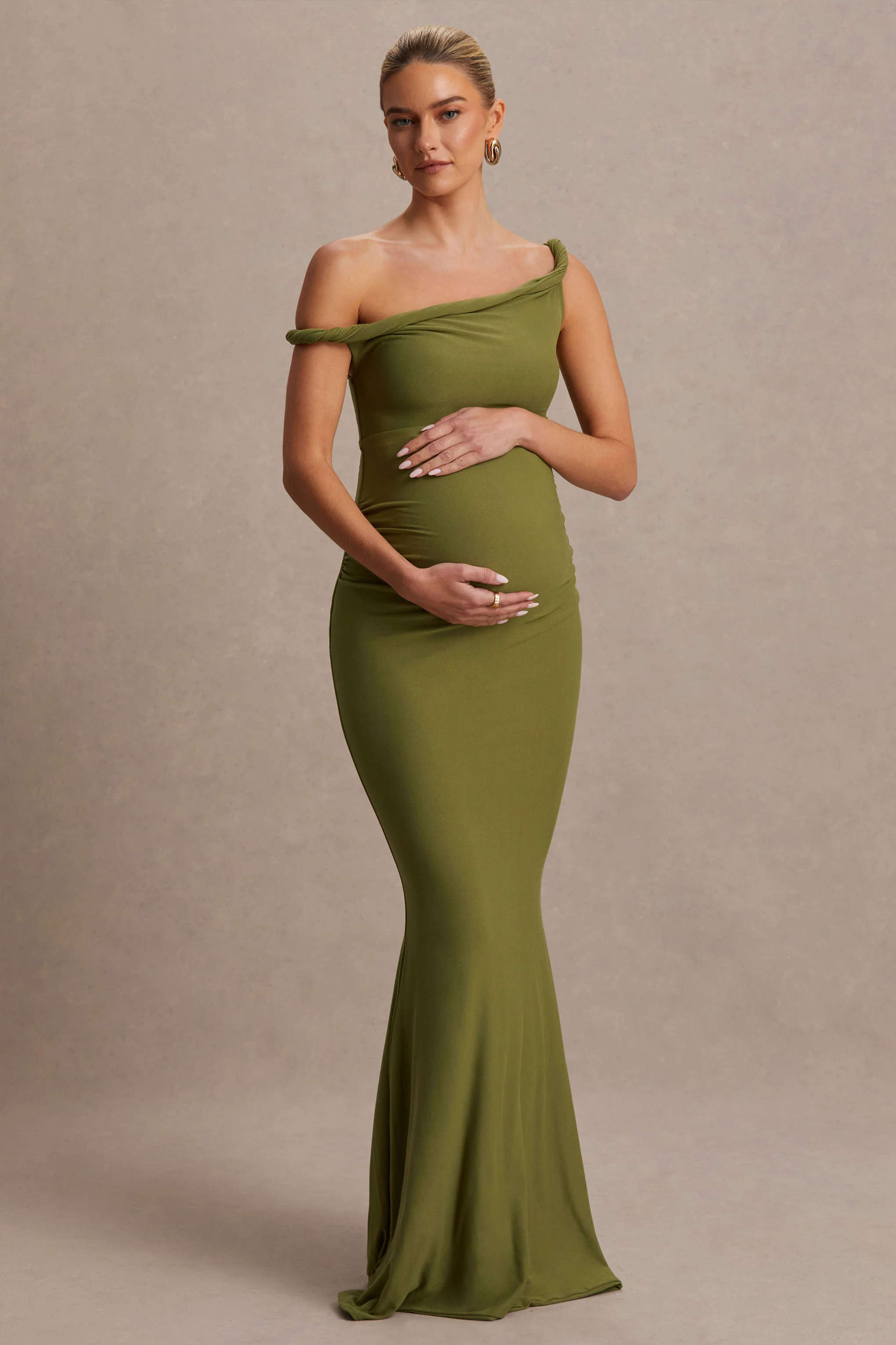 Lita | Olive Twisted Asymmetric Maternity Maxi Dress - Image 5