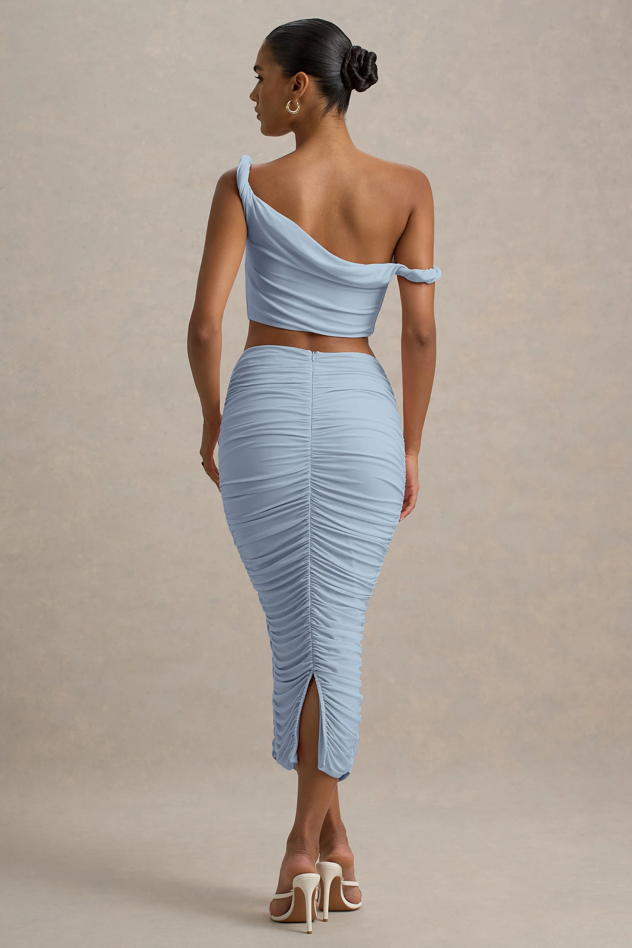 Lively | Powder Blue Ruched Midi Skirt - Image 2