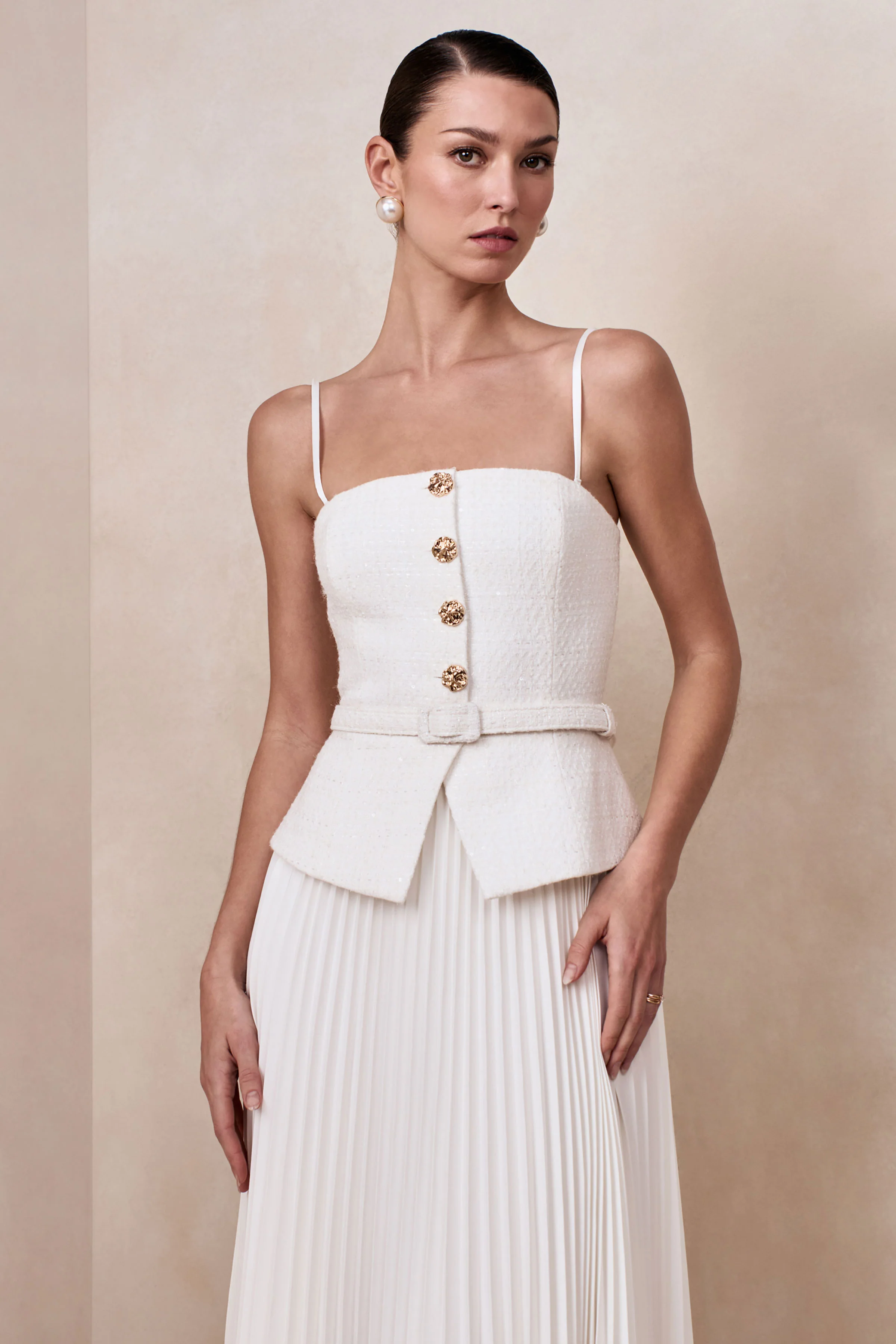Lizzy | Cream Square-Neck Midi Dress With Pleated-Skirt - Image 3