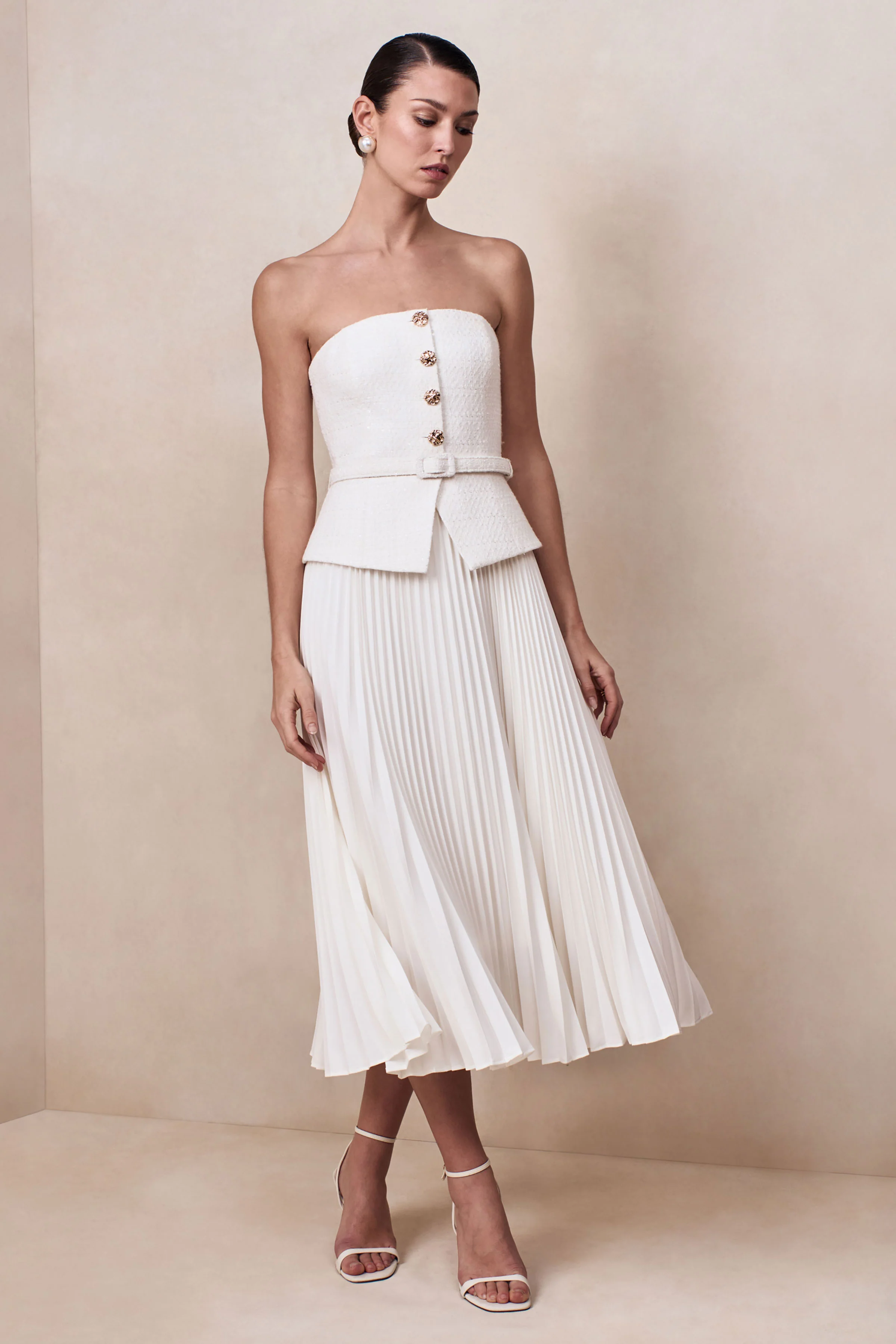 Lizzy | Cream Square-Neck Midi Dress With Pleated-Skirt - Image 4