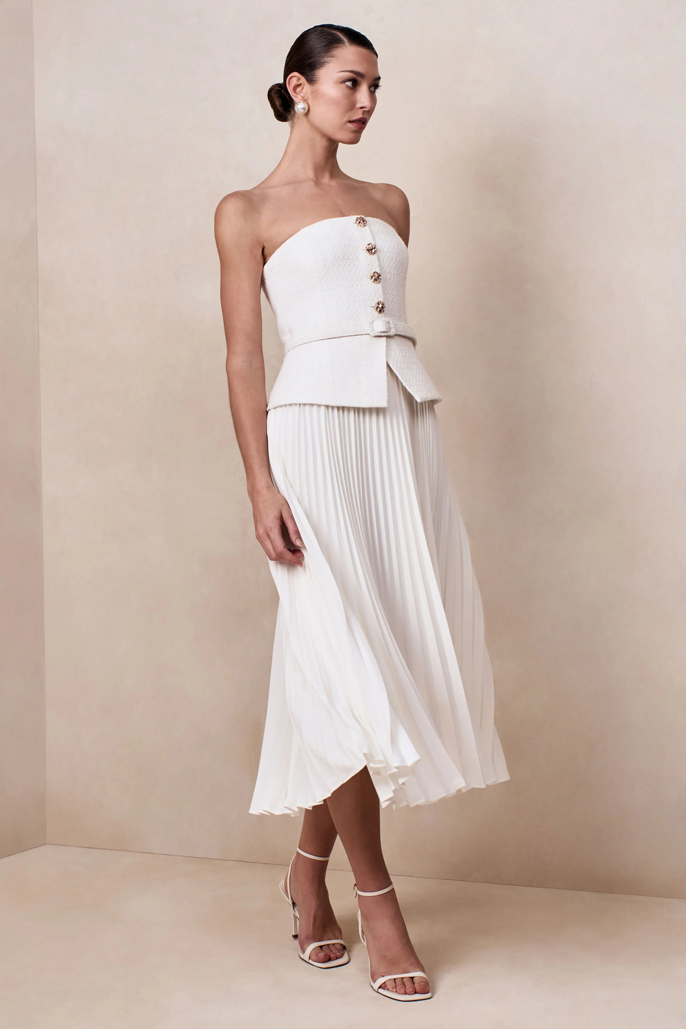 Lizzy | Cream Square-Neck Midi Dress With Pleated-Skirt - Image 5