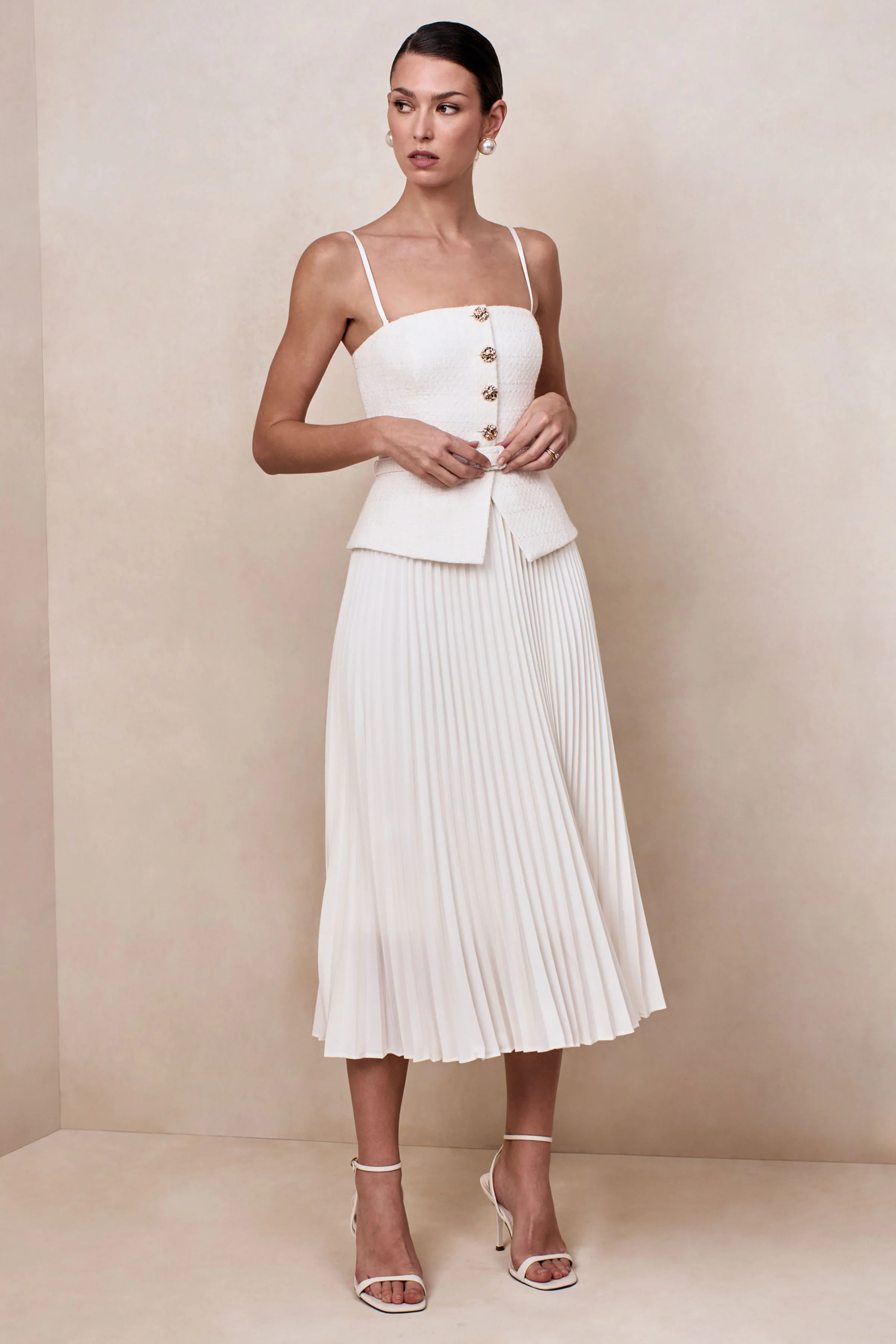 Lizzy | Cream Square-Neck Midi Dress With Pleated-Skirt - Image 7
