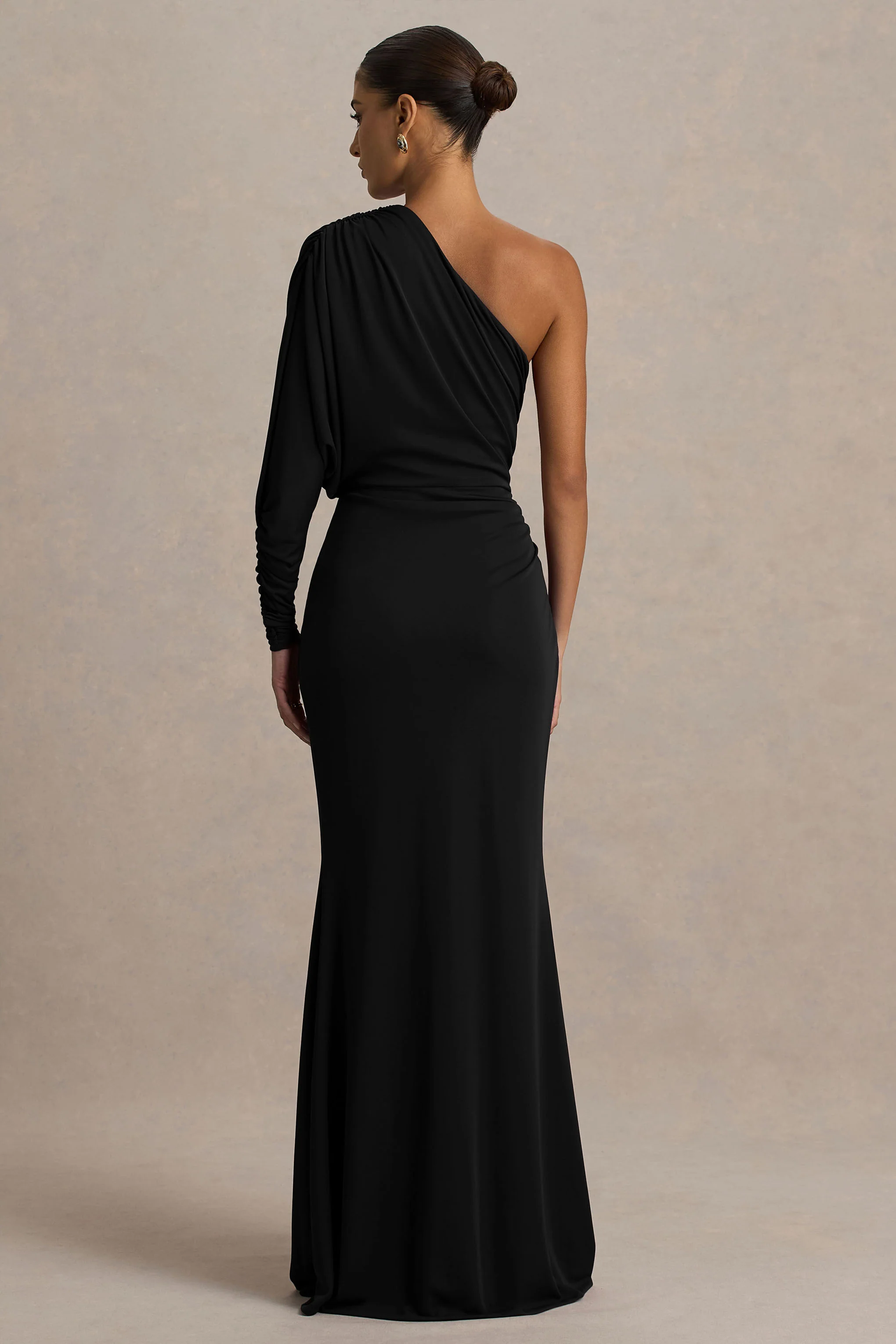 Lola | Black Asymmetric-Neck Maxi Dress With Ruched Detailing And Front High-Split - Image 2