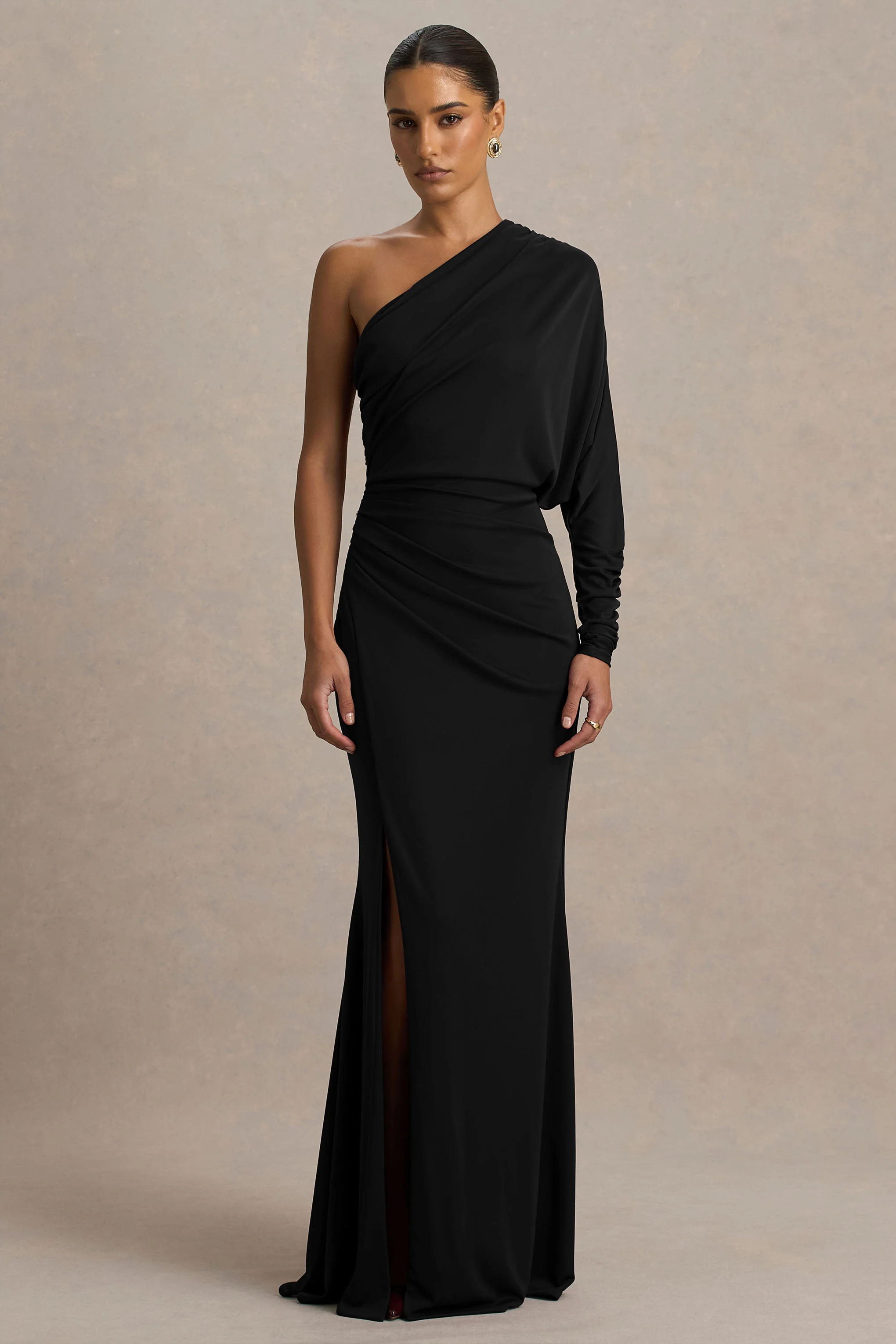 Lola | Black Asymmetric-Neck Maxi Dress With Ruched Detailing And Front High-Split - Image 5