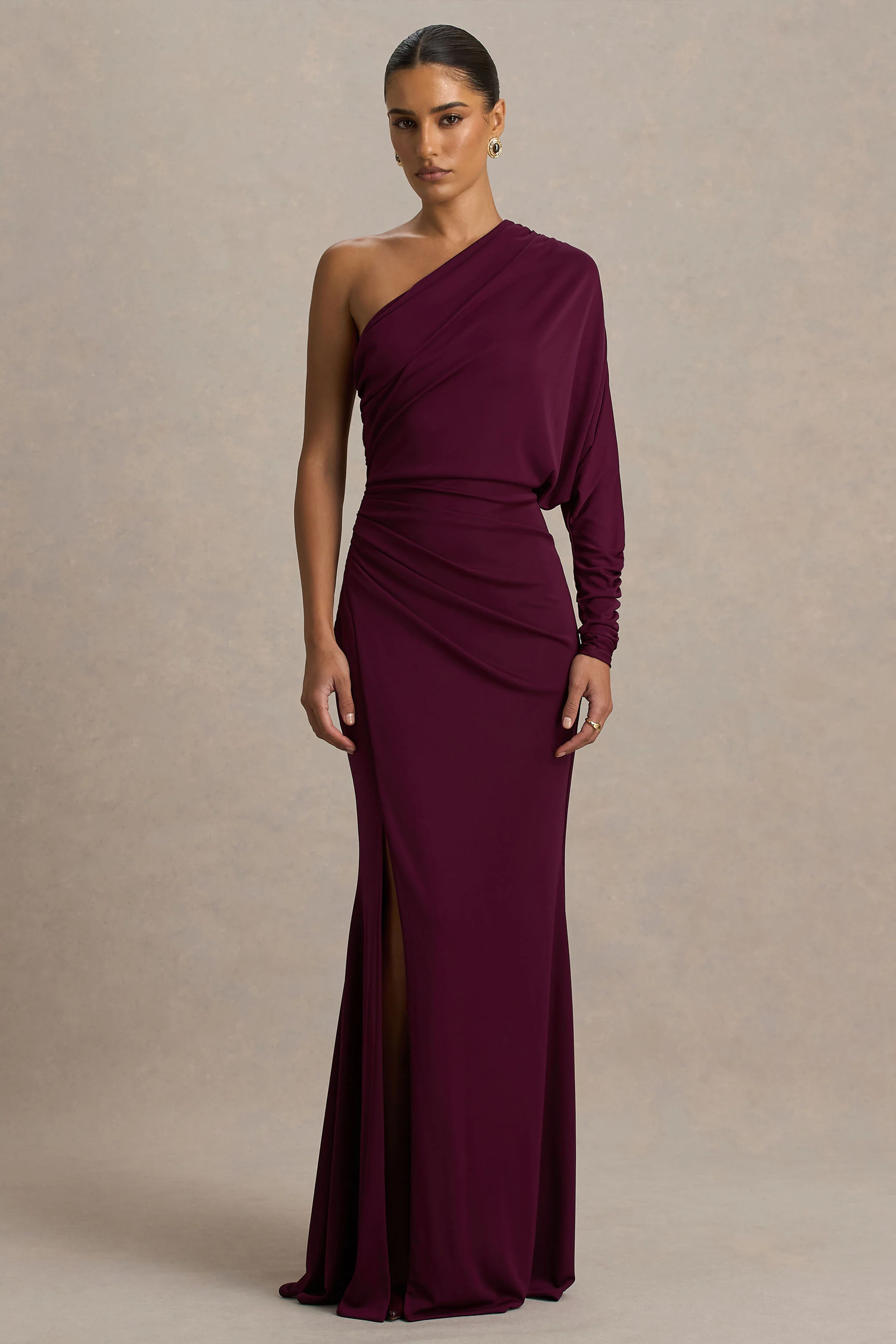 Lola | Burgundy Asymmetric-Neck Maxi Dress With Ruched Detailing And Front High-Split - Image 4