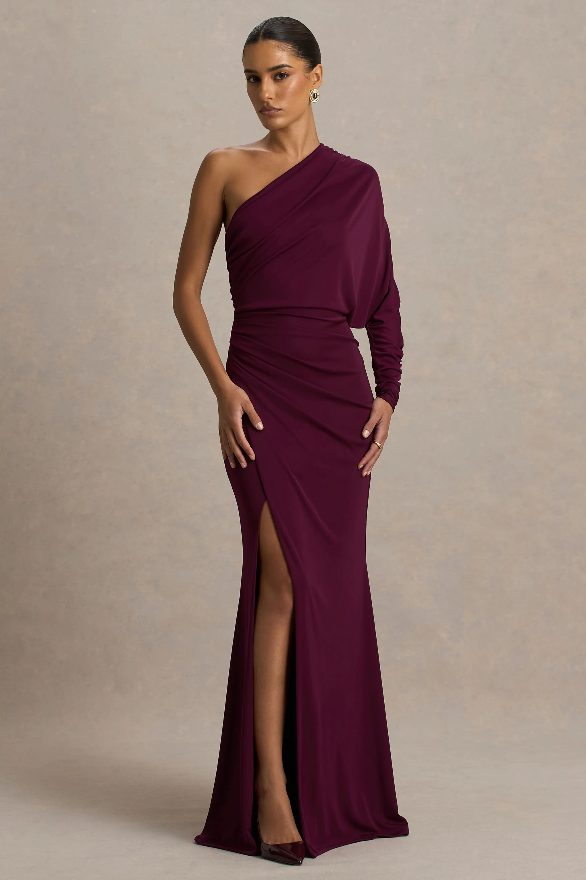 Lola | Burgundy Asymmetric-Neck Maxi Dress With Ruched Detailing And Front High-Split - Image 5