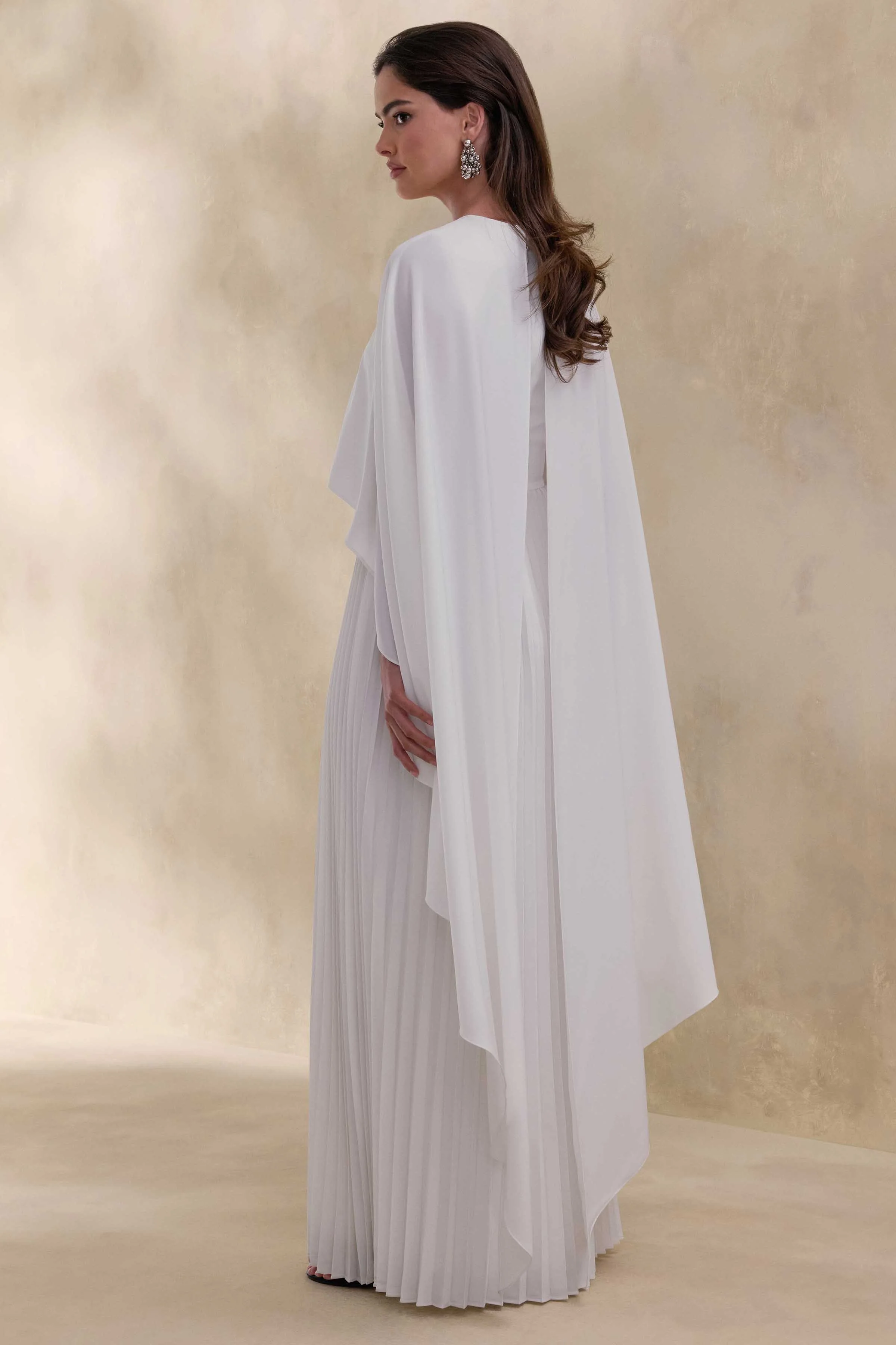 Loradia | Cream Satin Round-Neck Maxi Dress With Cape-Sleeves And Pleated-Skirt - Image 2