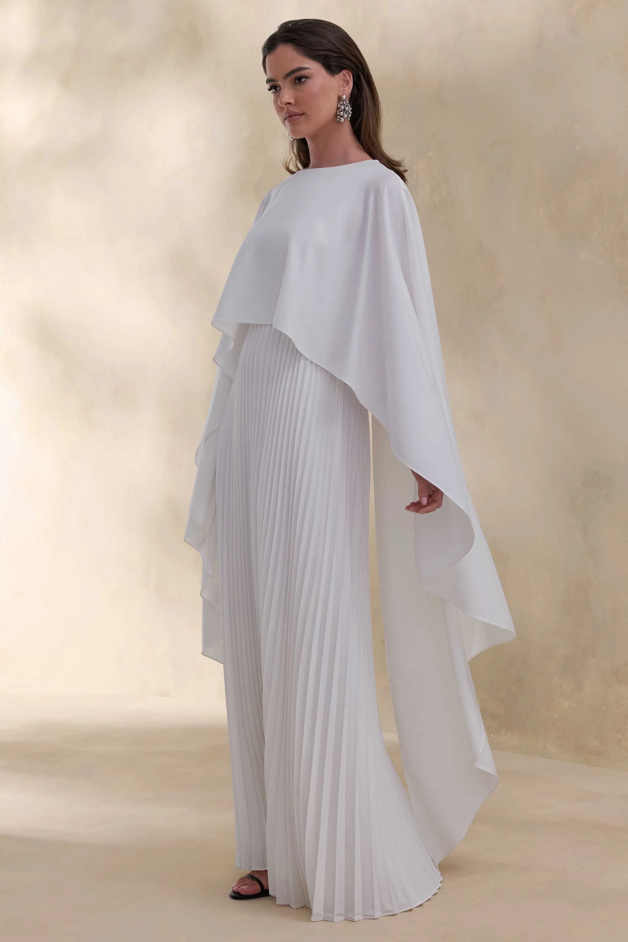 Loradia | Cream Satin Round-Neck Maxi Dress With Cape-Sleeves And Pleated-Skirt - Image 4