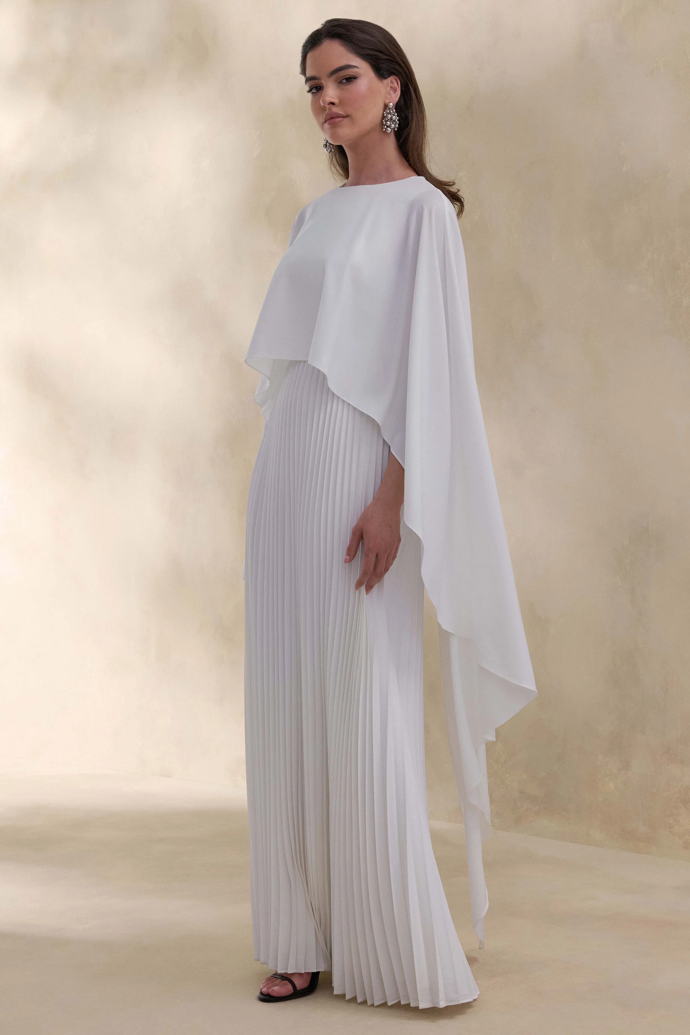 Loradia | Cream Satin Round-Neck Maxi Dress With Cape-Sleeves And Pleated-Skirt - Image 5