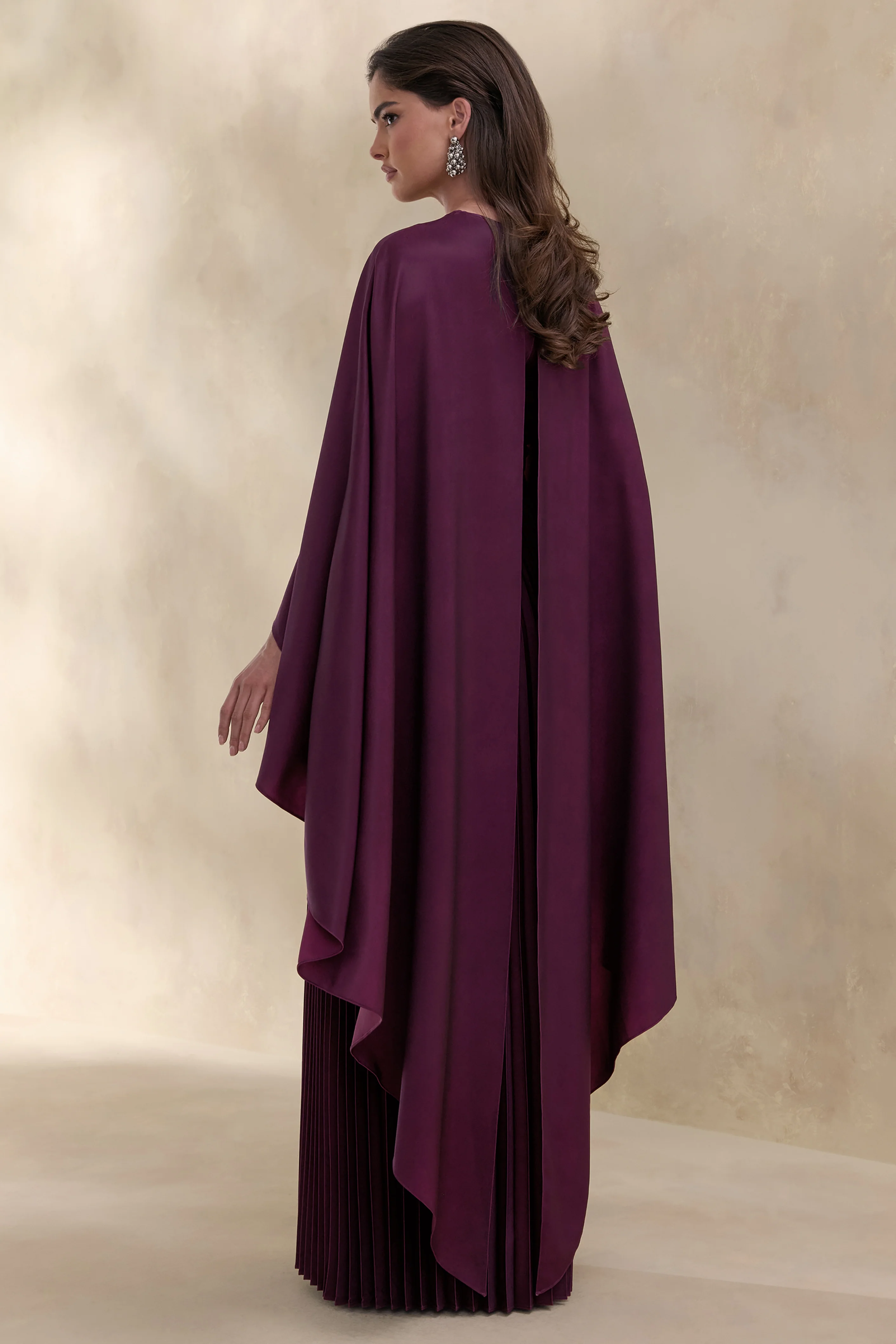 Loradia | Dark Plum Satin Round-Neck Maxi Dress With Cape-Sleeves And Pleated-Skirt - Image 2