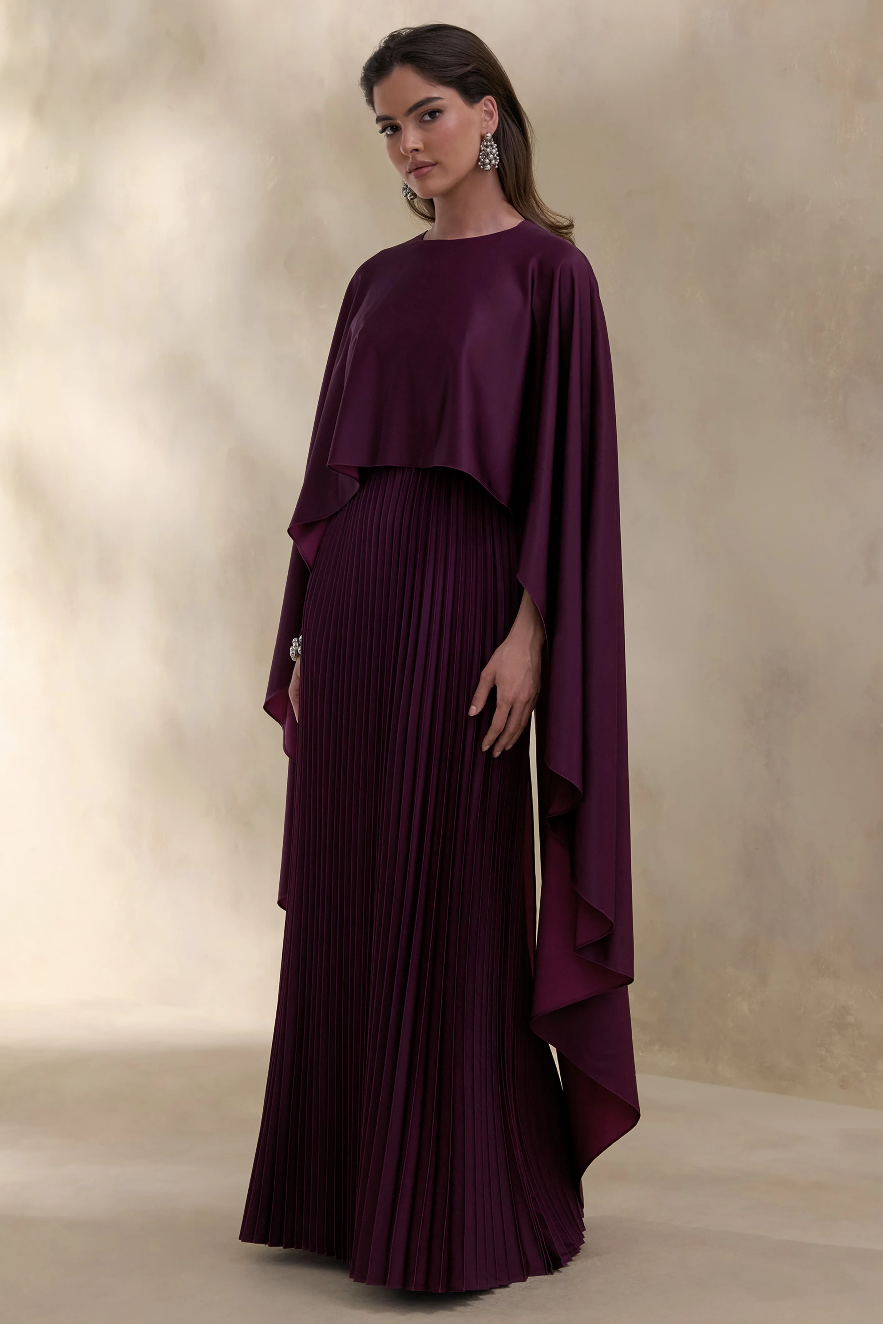 Loradia | Dark Plum Satin Round-Neck Maxi Dress With Cape-Sleeves And Pleated-Skirt - Image 5
