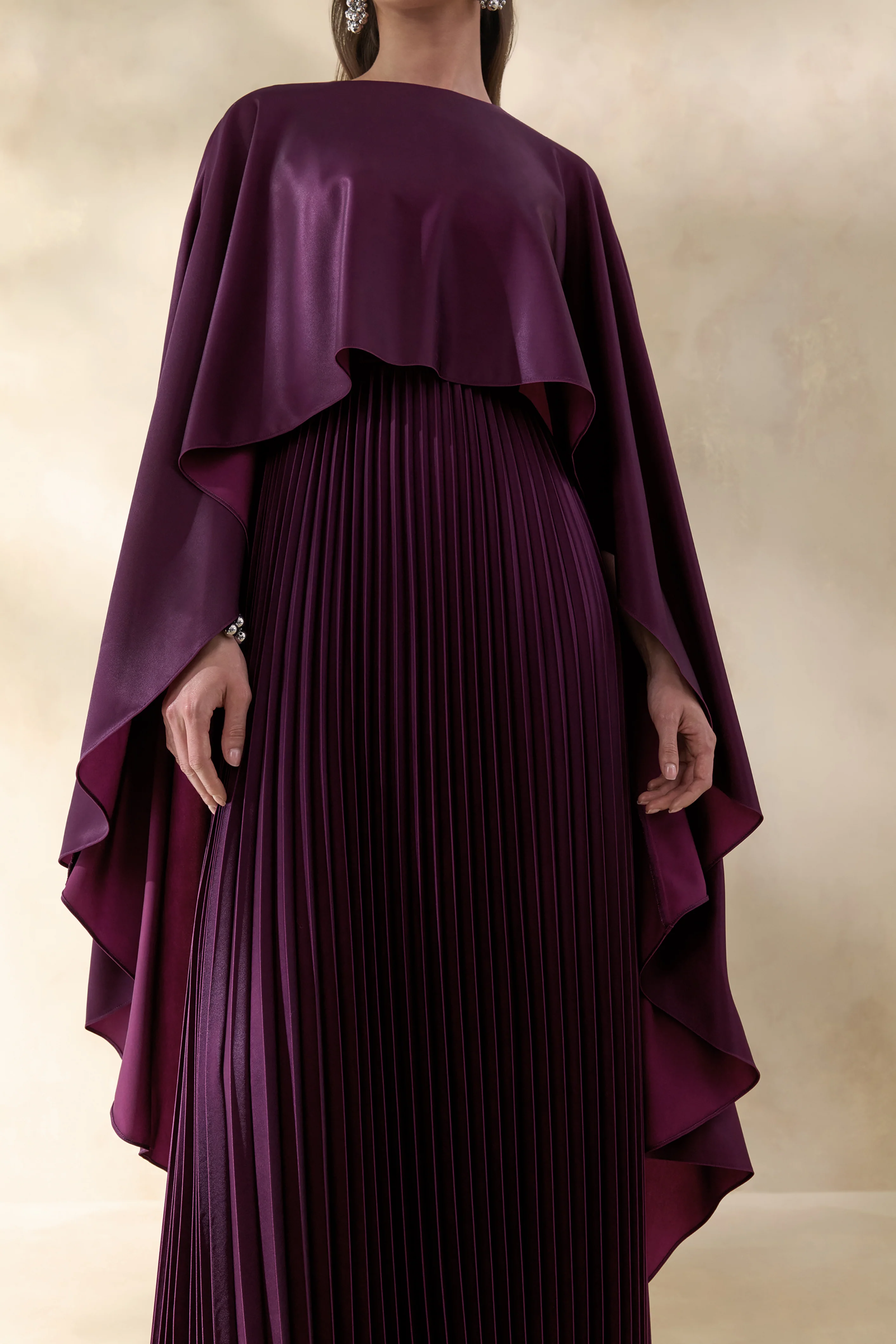 Loradia | Dark Plum Satin Round-Neck Maxi Dress With Cape-Sleeves And Pleated-Skirt - Image 6