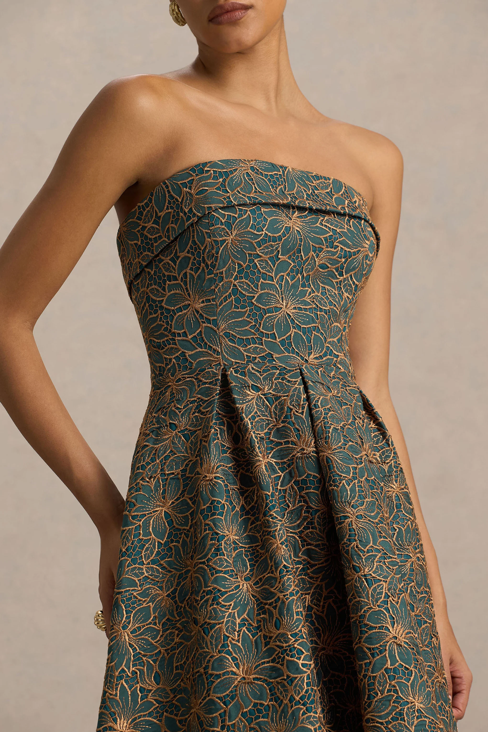 Loretta | Dark Green And Rust Embroidered Bandeau Midi Dress - Image 3