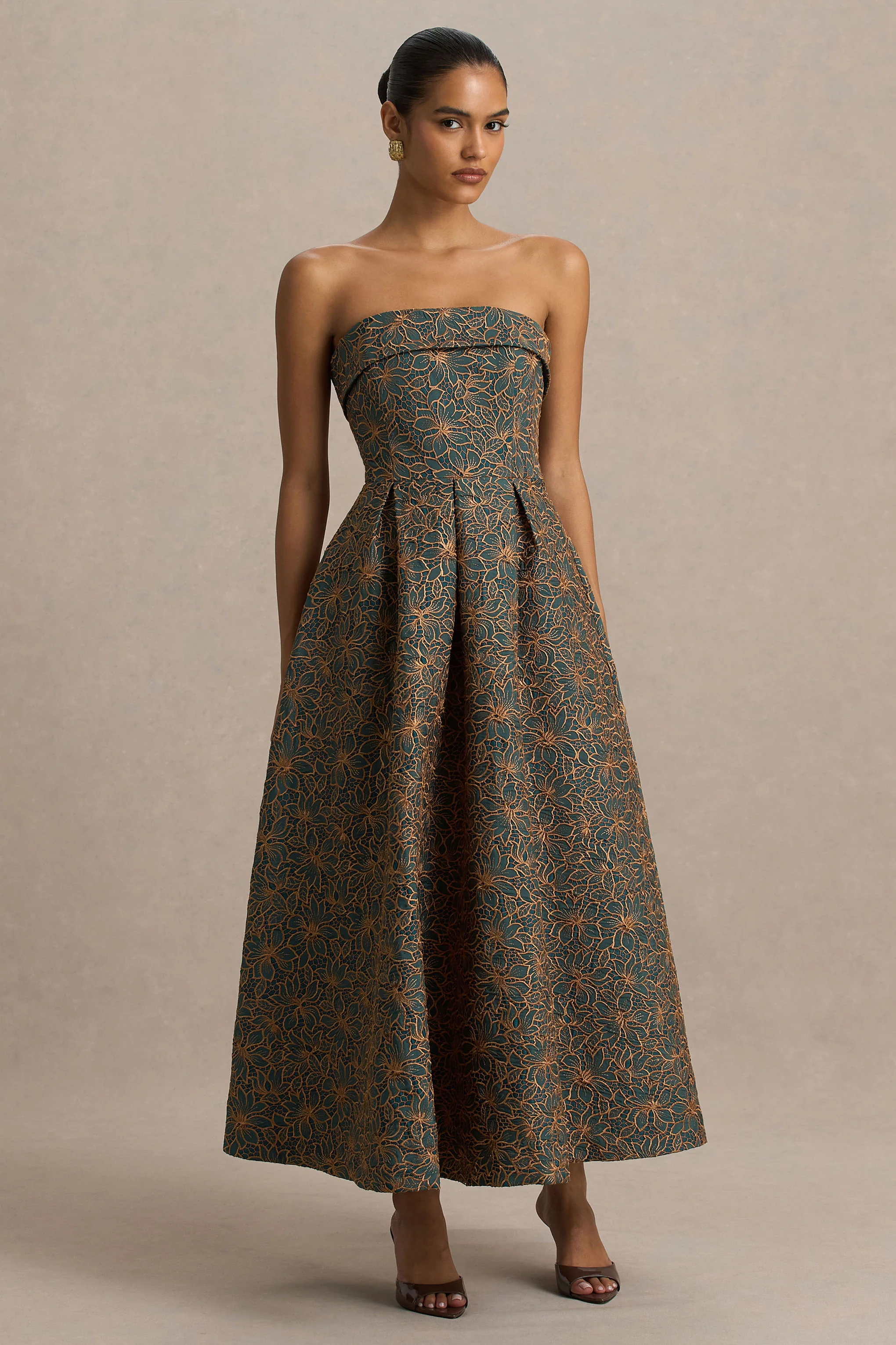 Loretta | Dark Green And Rust Embroidered Bandeau Midi Dress - Image 4
