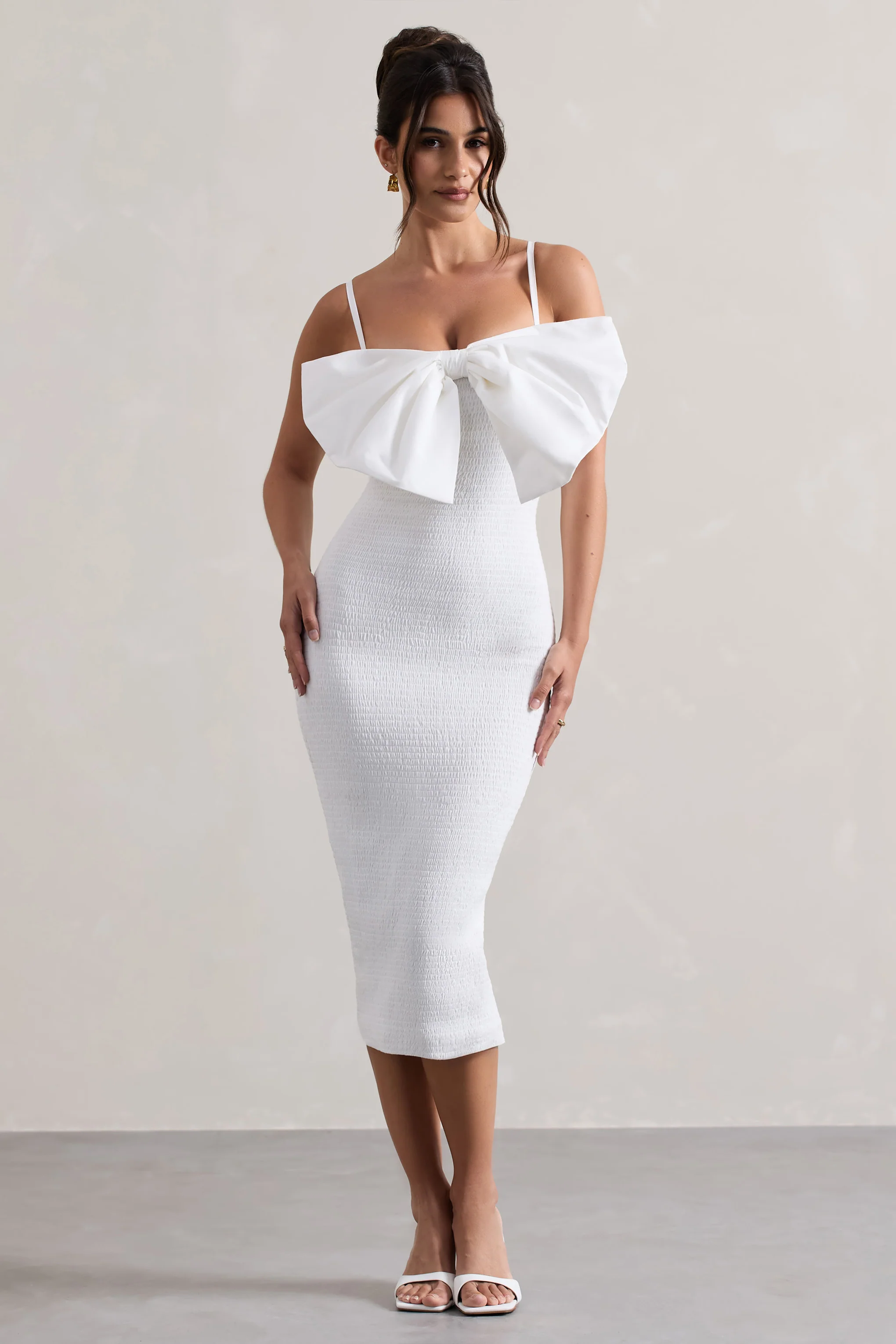 Love Poem | White Bodycon Midi Dress With Oversized Bow - Image 5