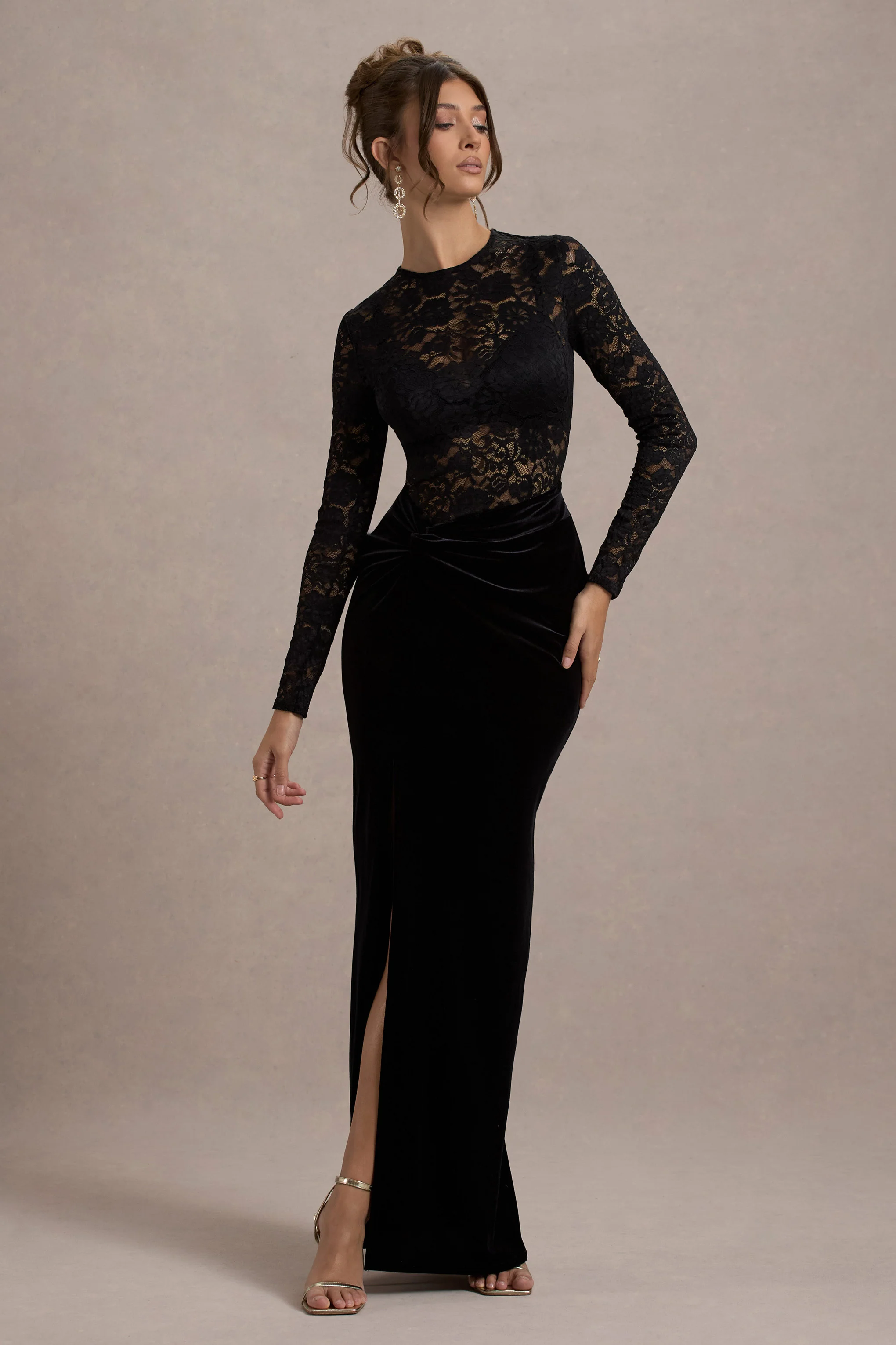 Loving Look | Black Lace Long-Sleeve Twisted Split Maxi Dress - Image 4