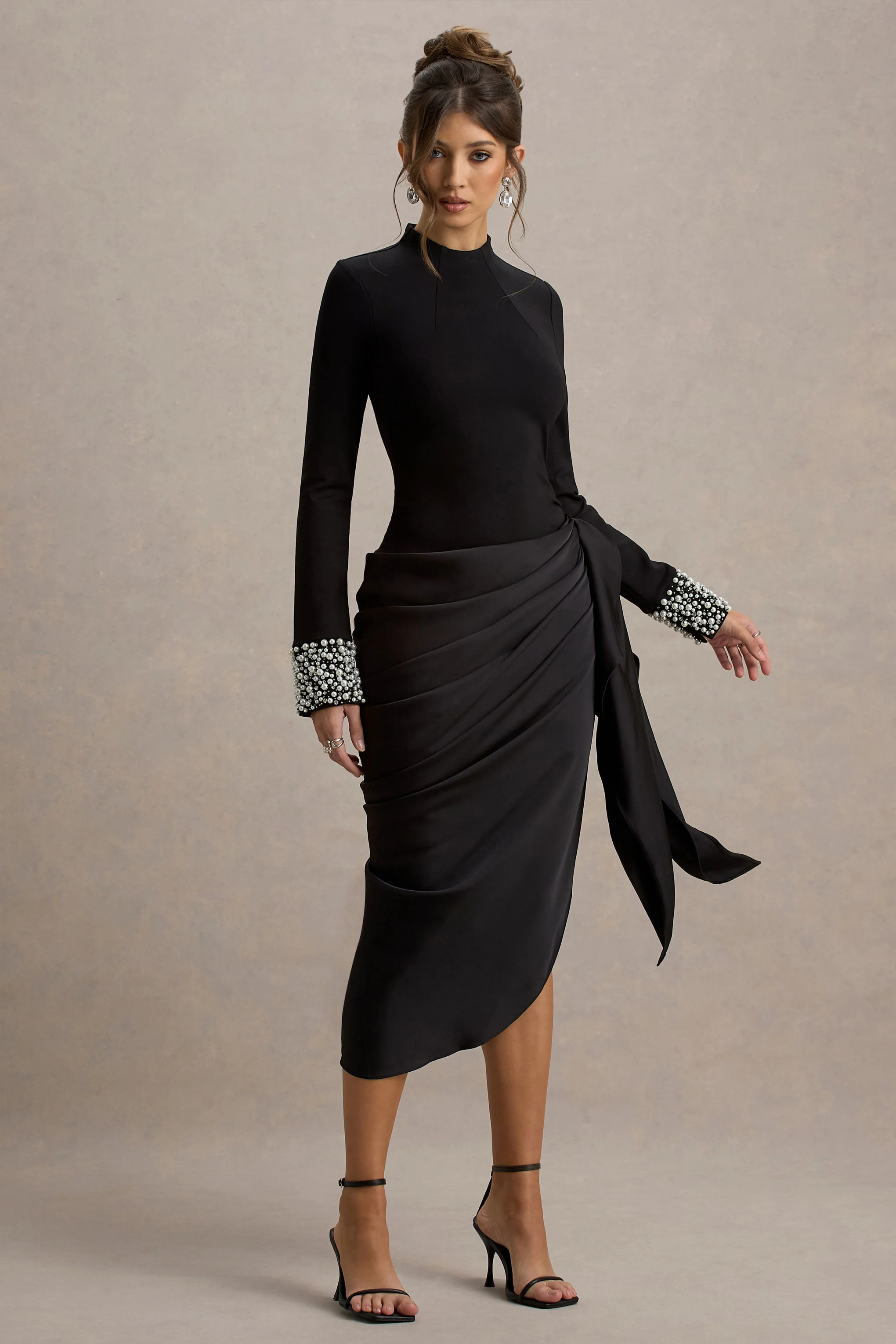 Luanna | Black Satin Long-Sleeve Midi Dress With Draped Skirt And Embellised Cuffs - Image 3