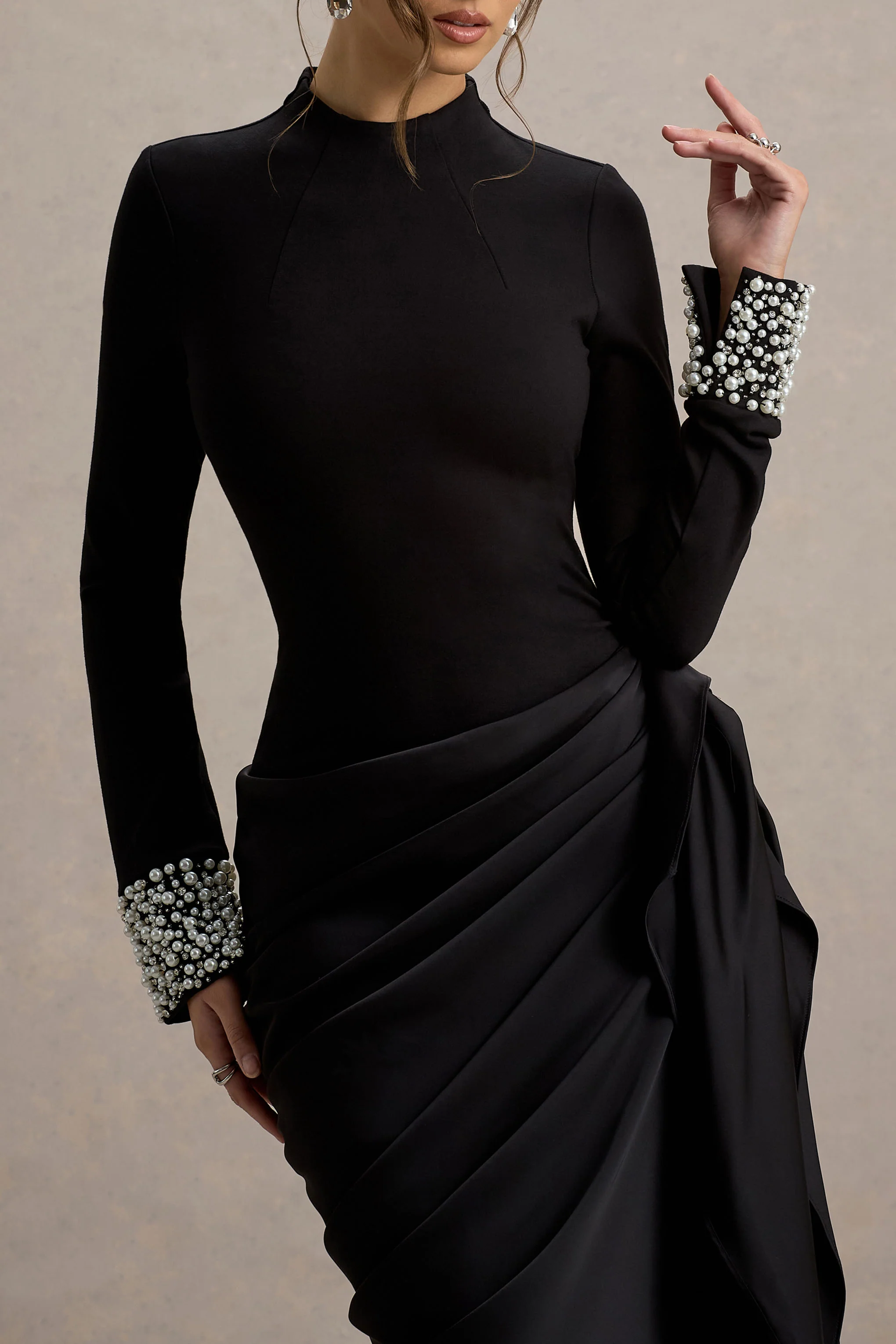 Luanna | Black Satin Long-Sleeve Midi Dress With Draped Skirt And Embellised Cuffs - Image 4