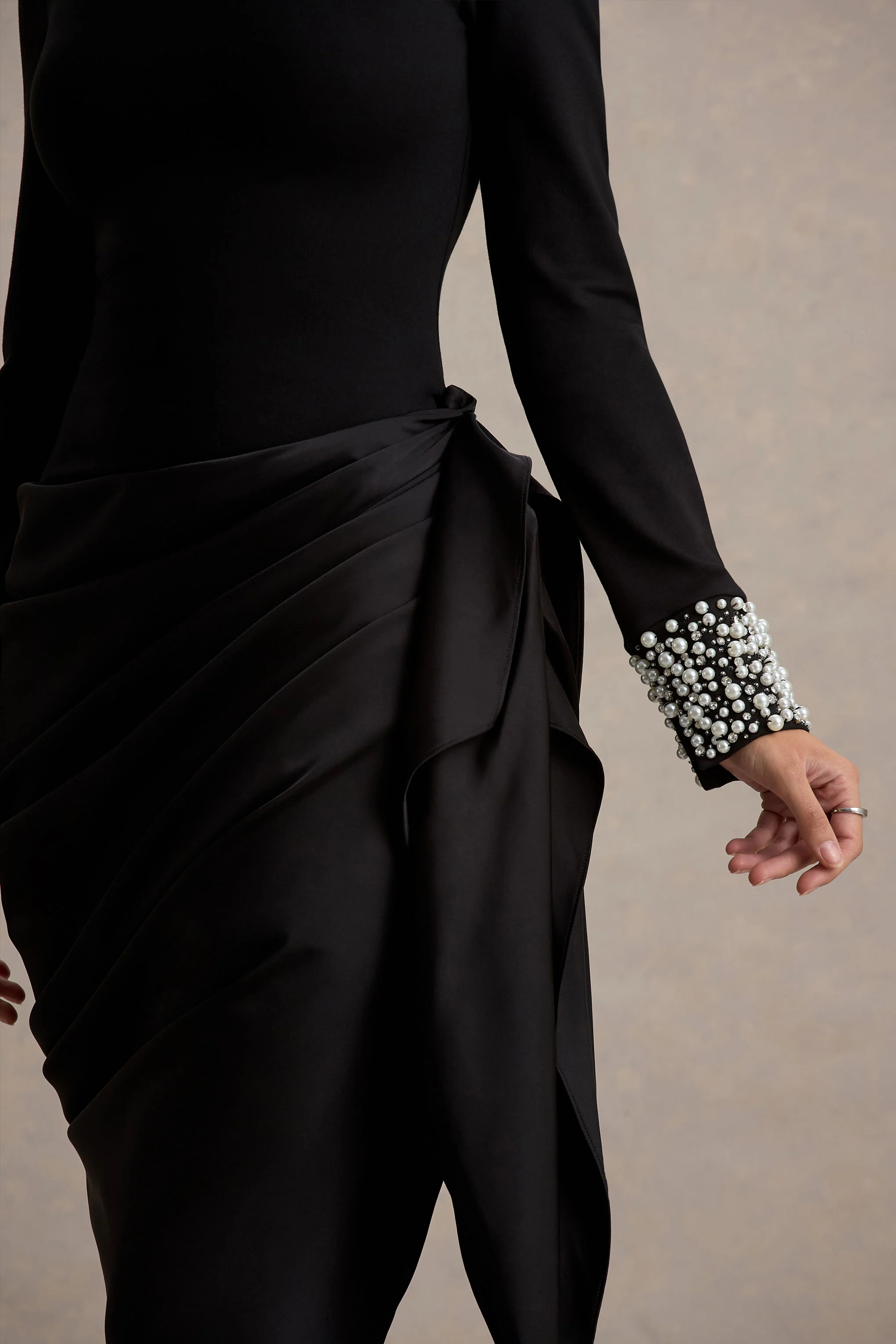 Luanna | Black Satin Long-Sleeve Midi Dress With Draped Skirt And Embellised Cuffs - Image 6