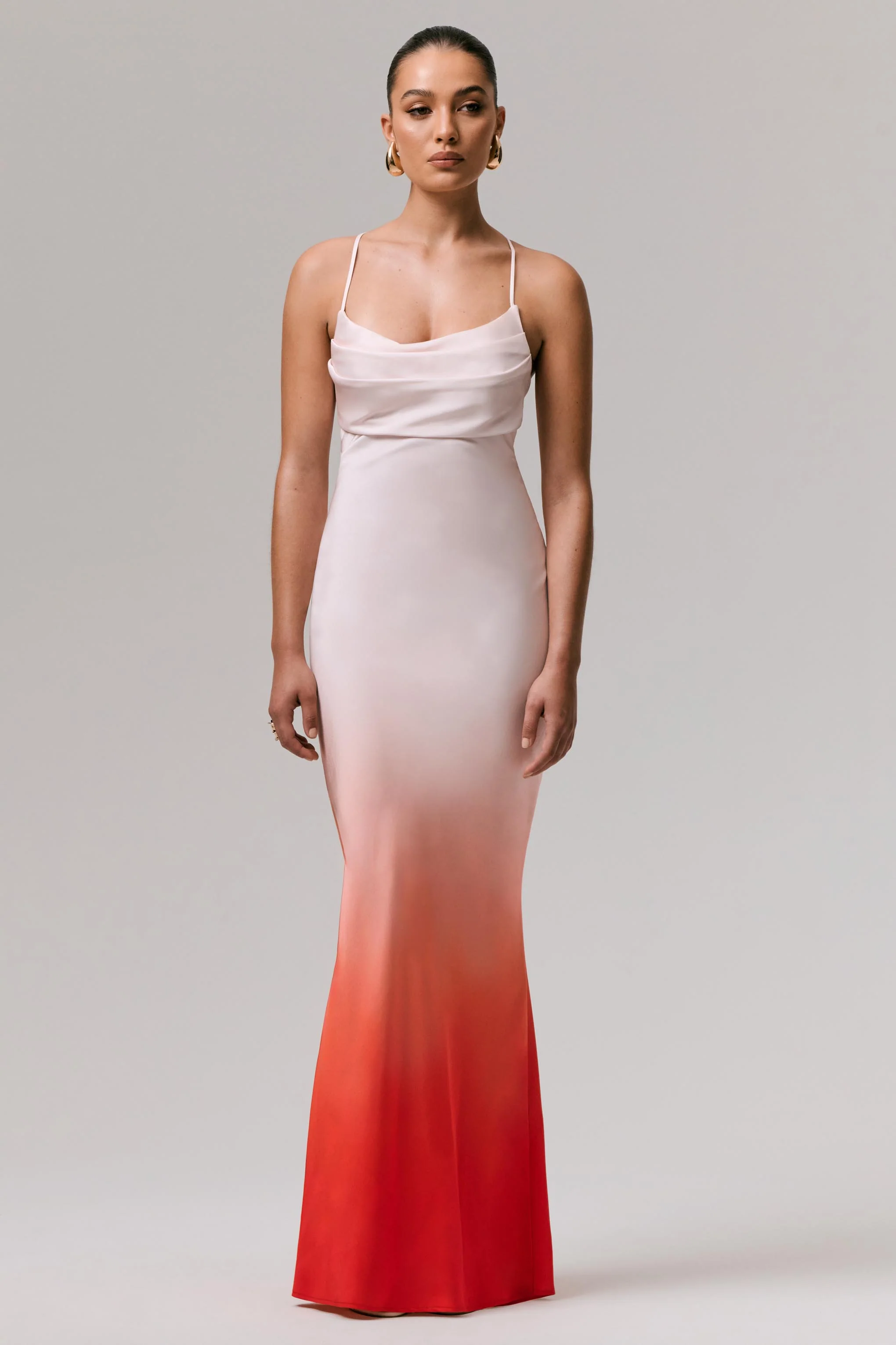 Lucie | Red Ombre Satin Cowl-Neck Maxi Dress - Image 2