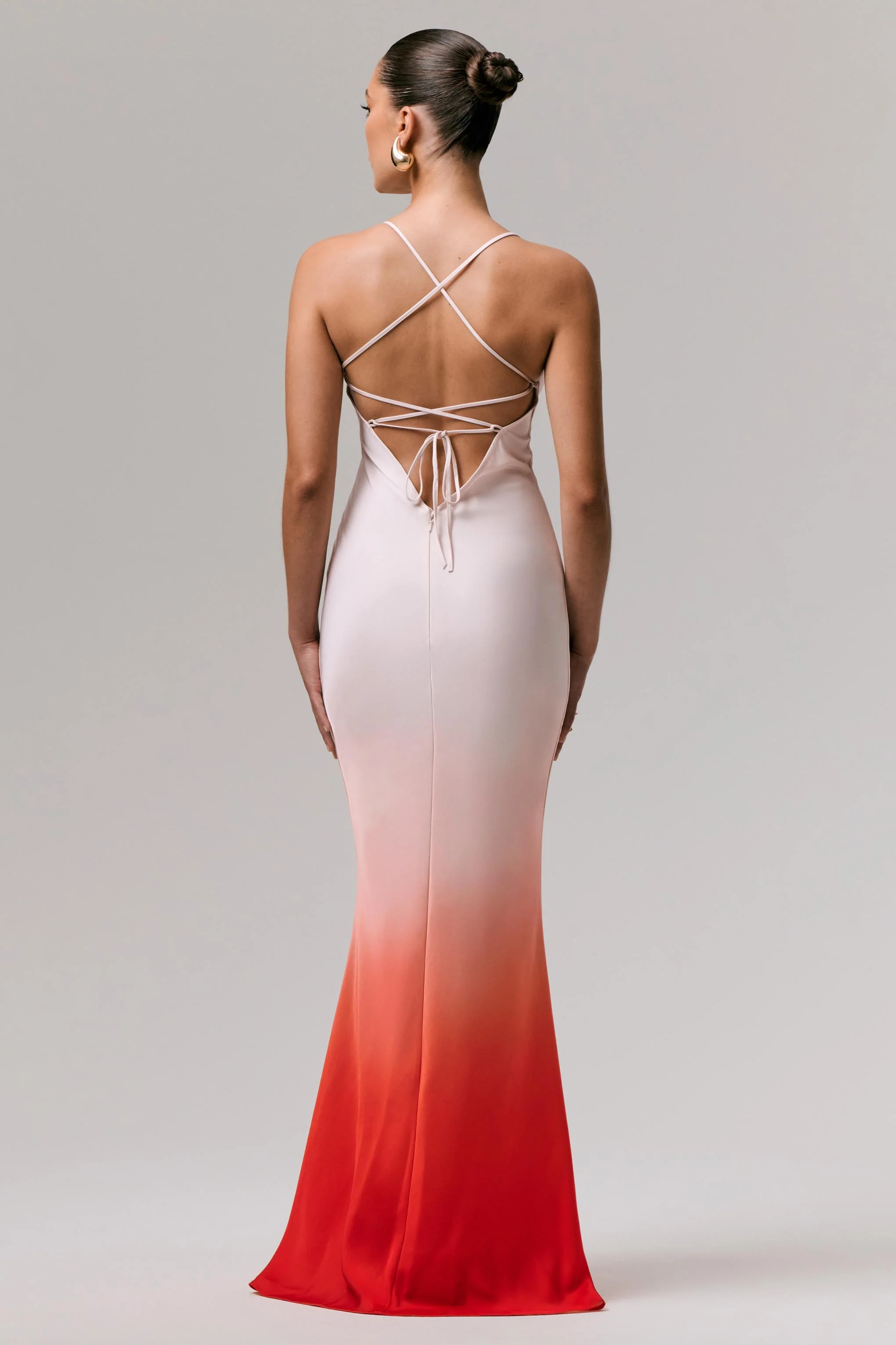 Lucie | Red Ombre Satin Cowl-Neck Maxi Dress - Image 3