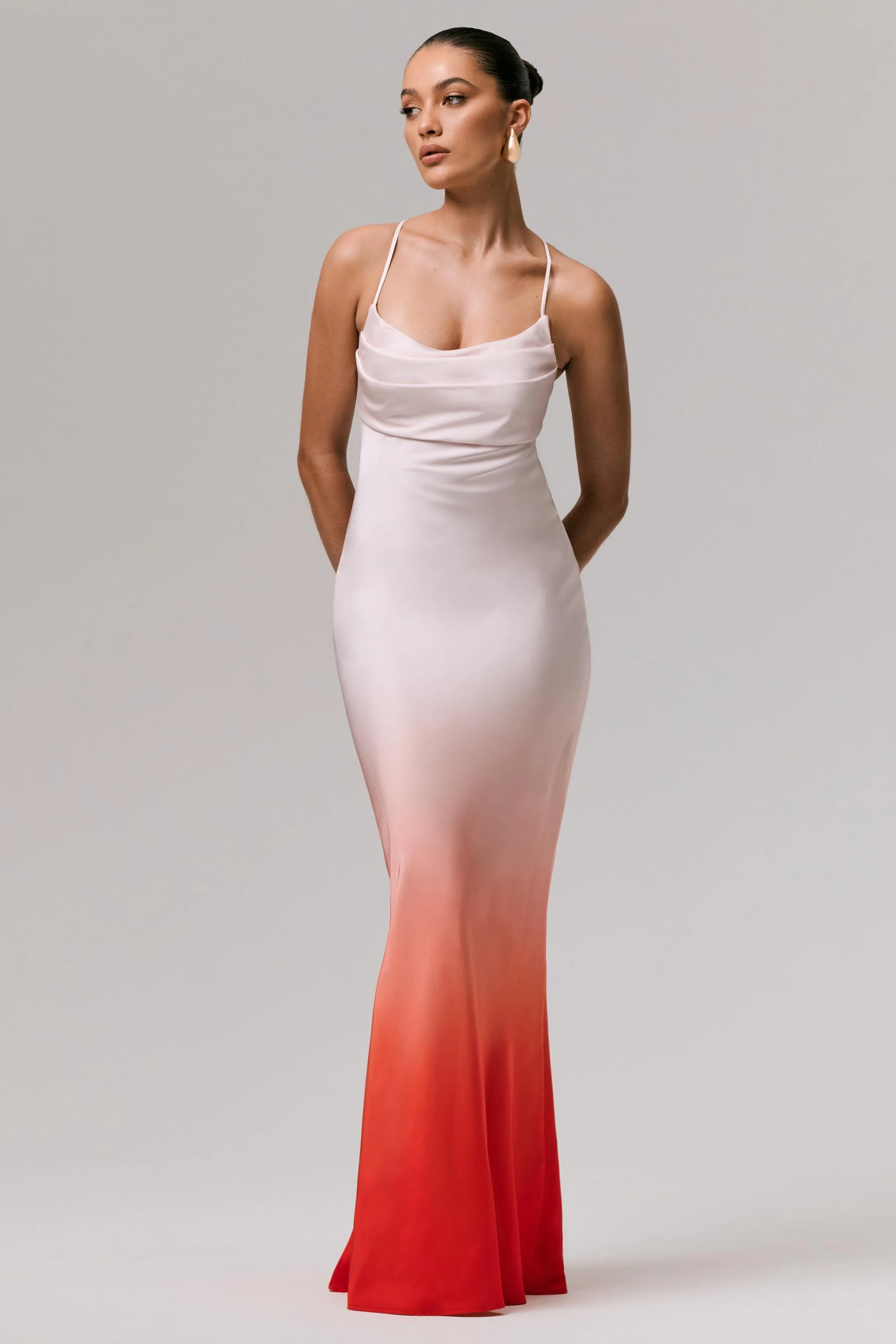 Lucie | Red Ombre Satin Cowl-Neck Maxi Dress - Image 5